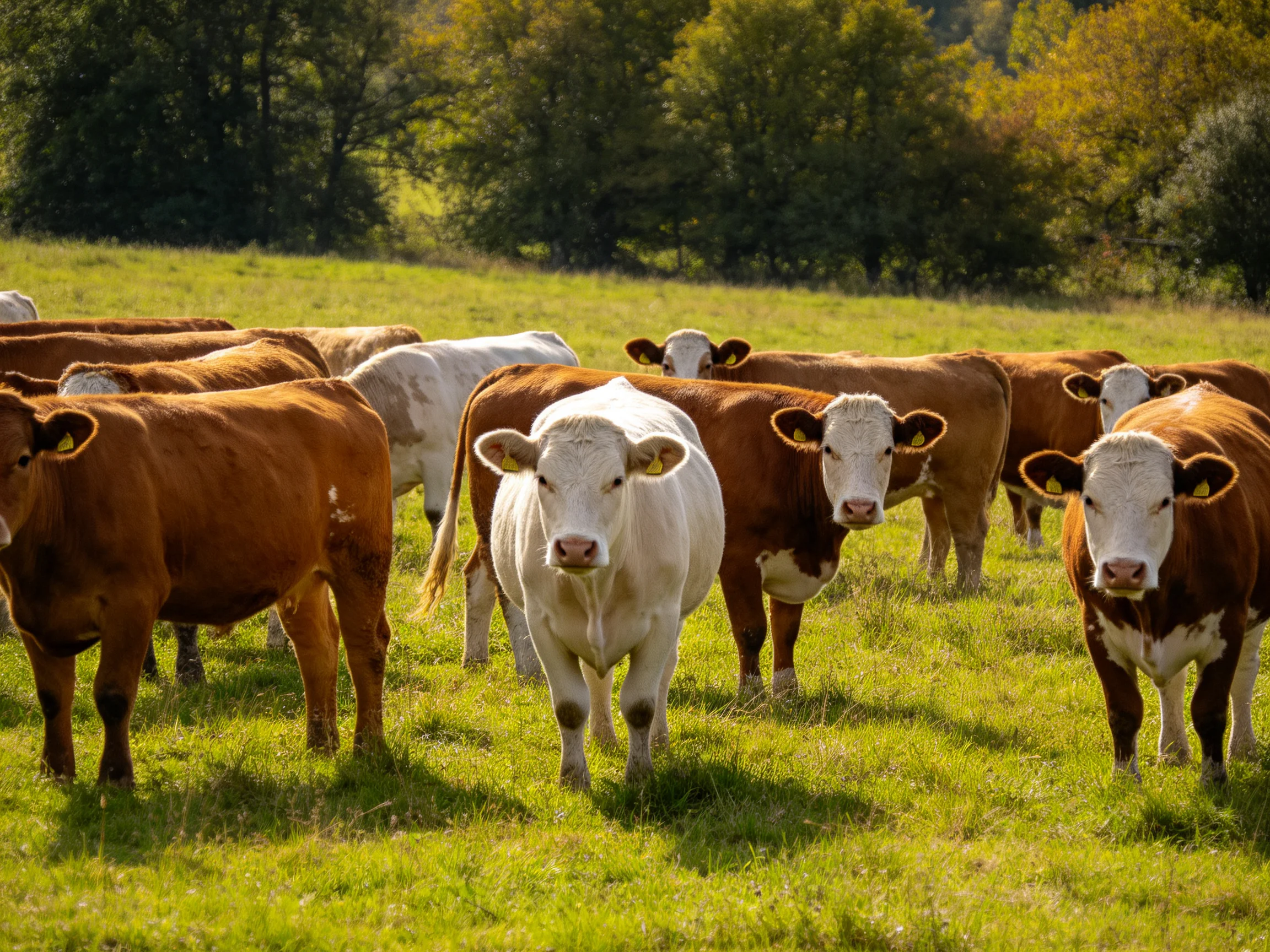 A group of brown and white cows grazing in a sunlit pasture
