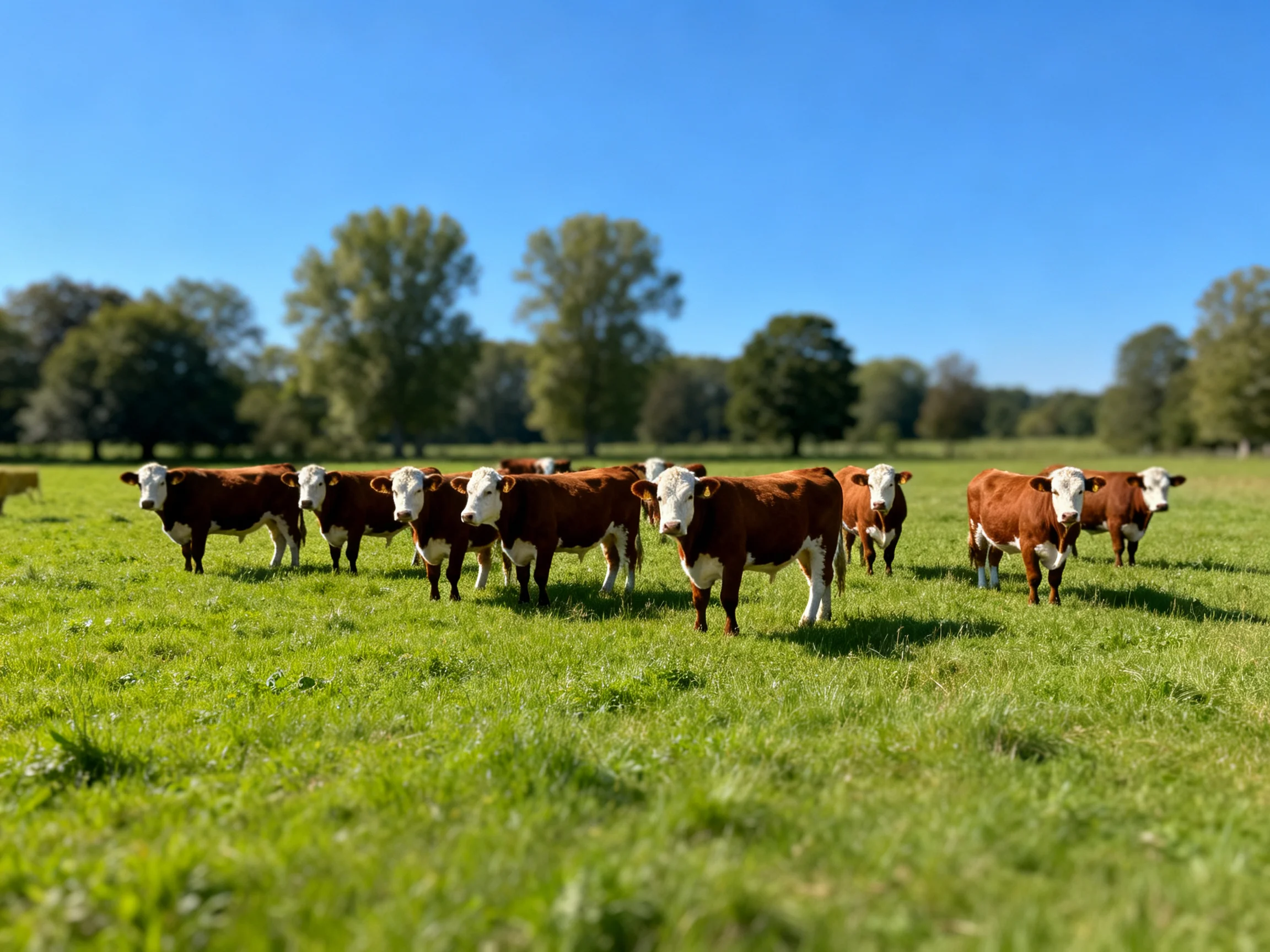 A group of brown and white cows grazing in a sunny green pasture