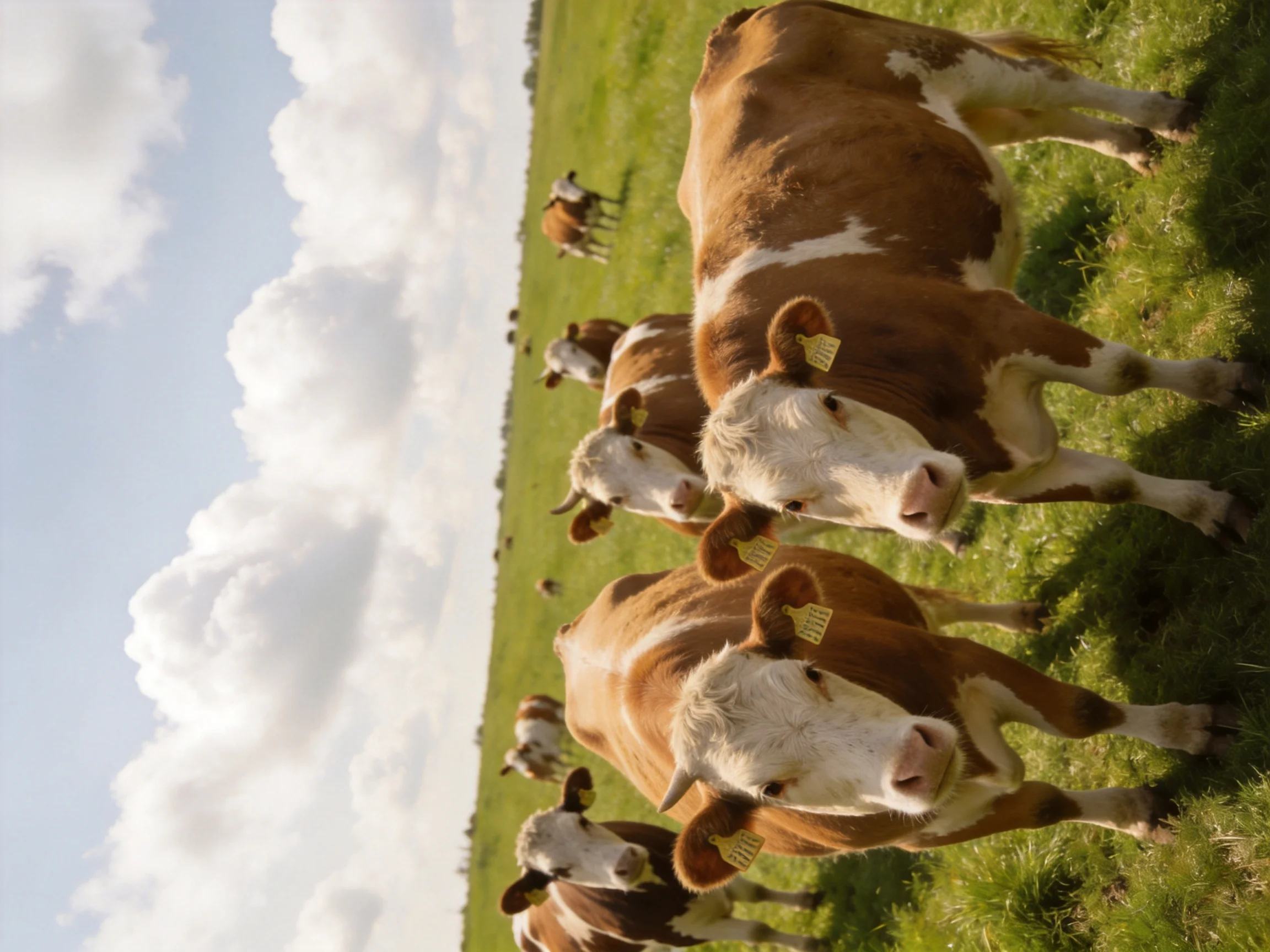 A group of brown-and-white cows in a sunlit green pasture