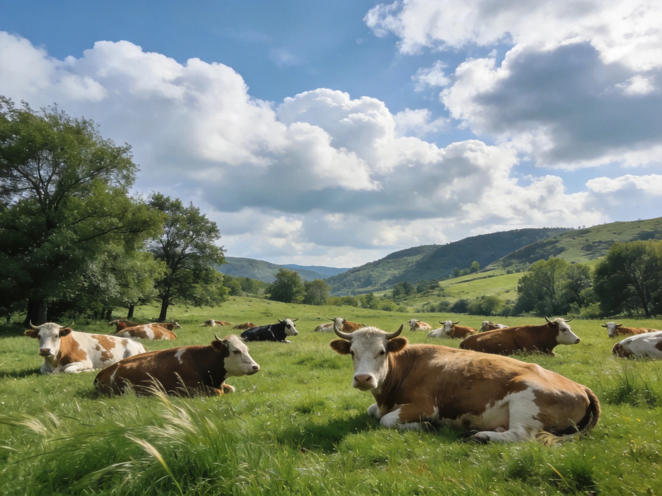 A group of brown and white cows rests in a lush green meadow