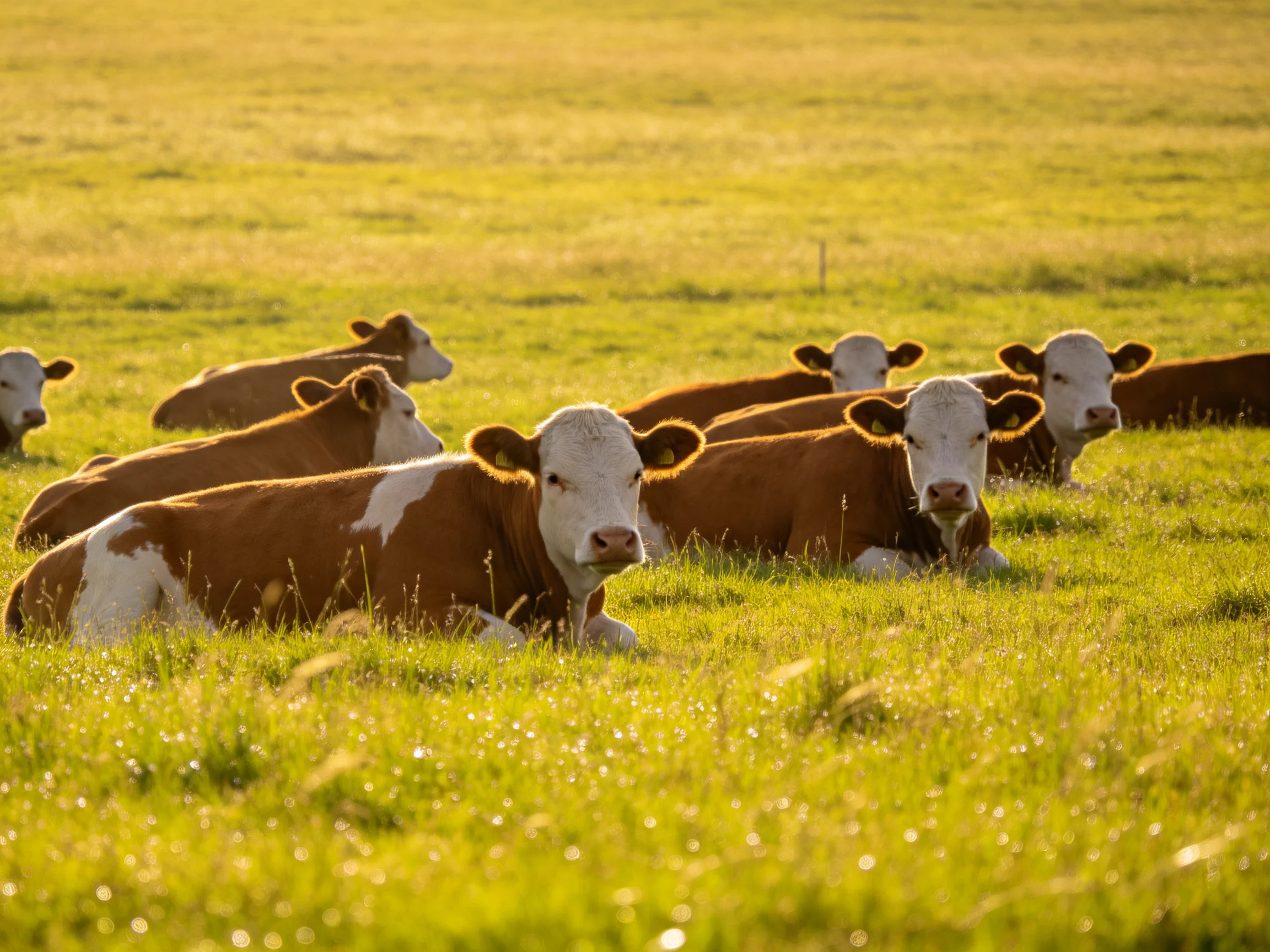 A group of brown-and-white cows rests in a sun-drenched green pasture