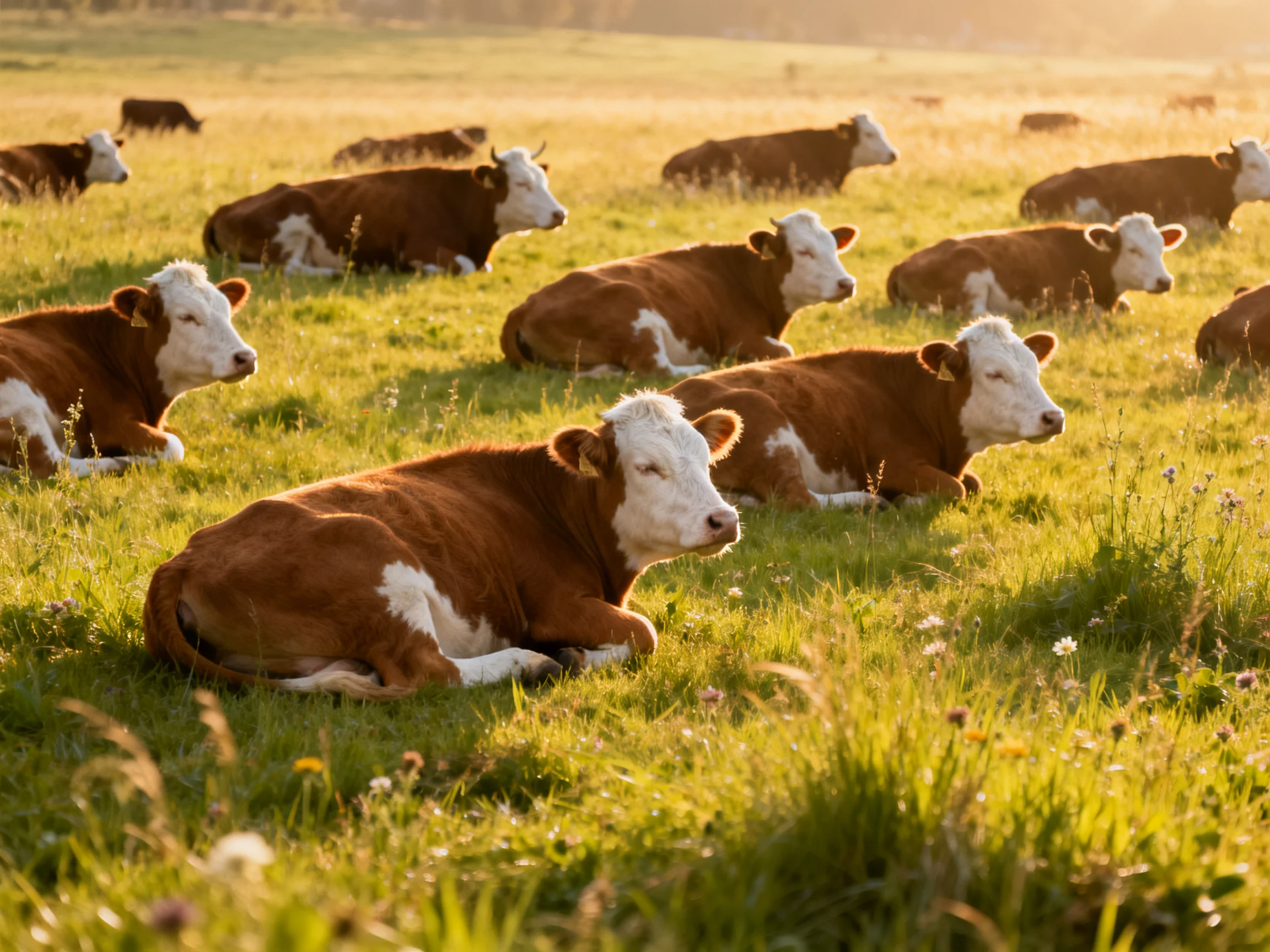 A group of brown-and-white cows rests in a sunlit green pasture