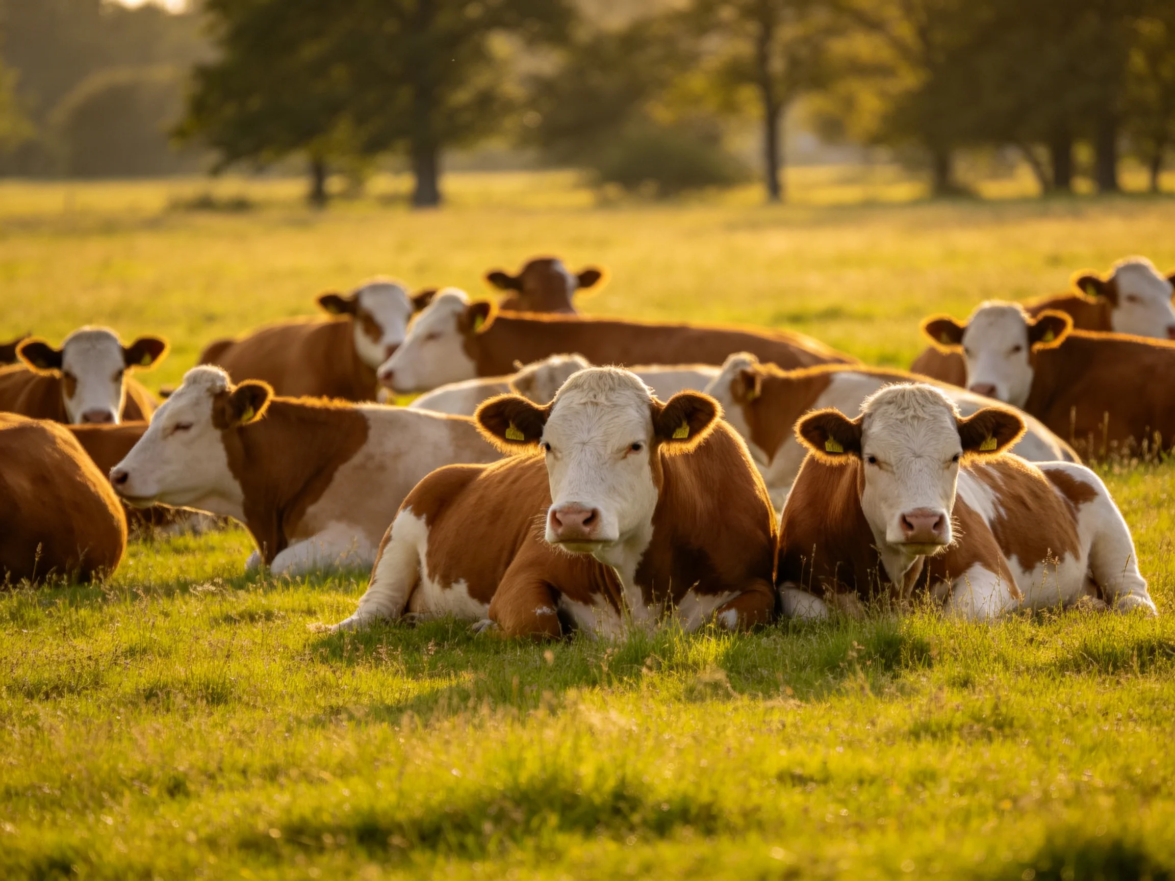 A group of brown and white cows rests in a sunlit pasture