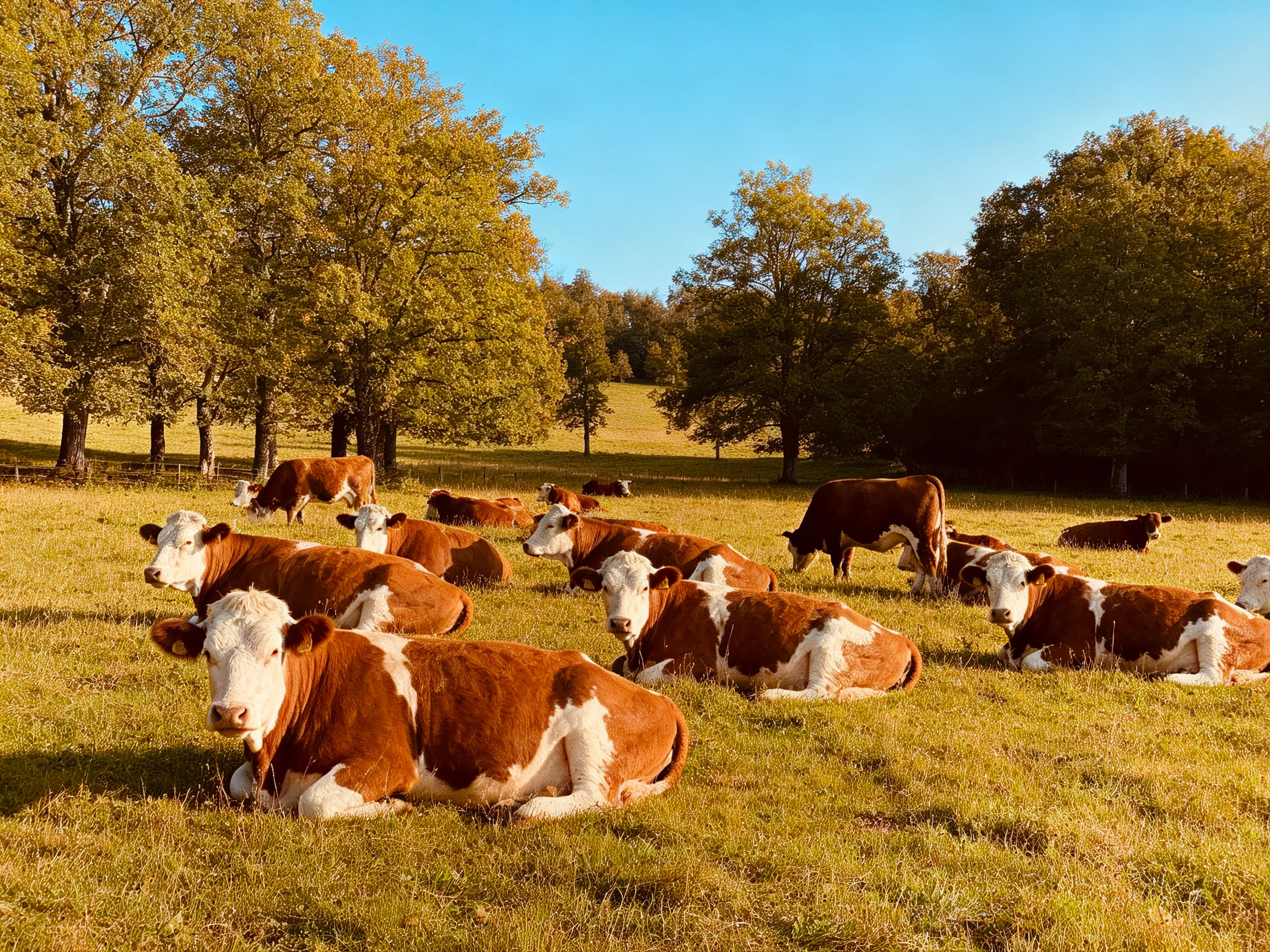 A group of brown-and-white cows rests in a sunlit pasture near tall green trees