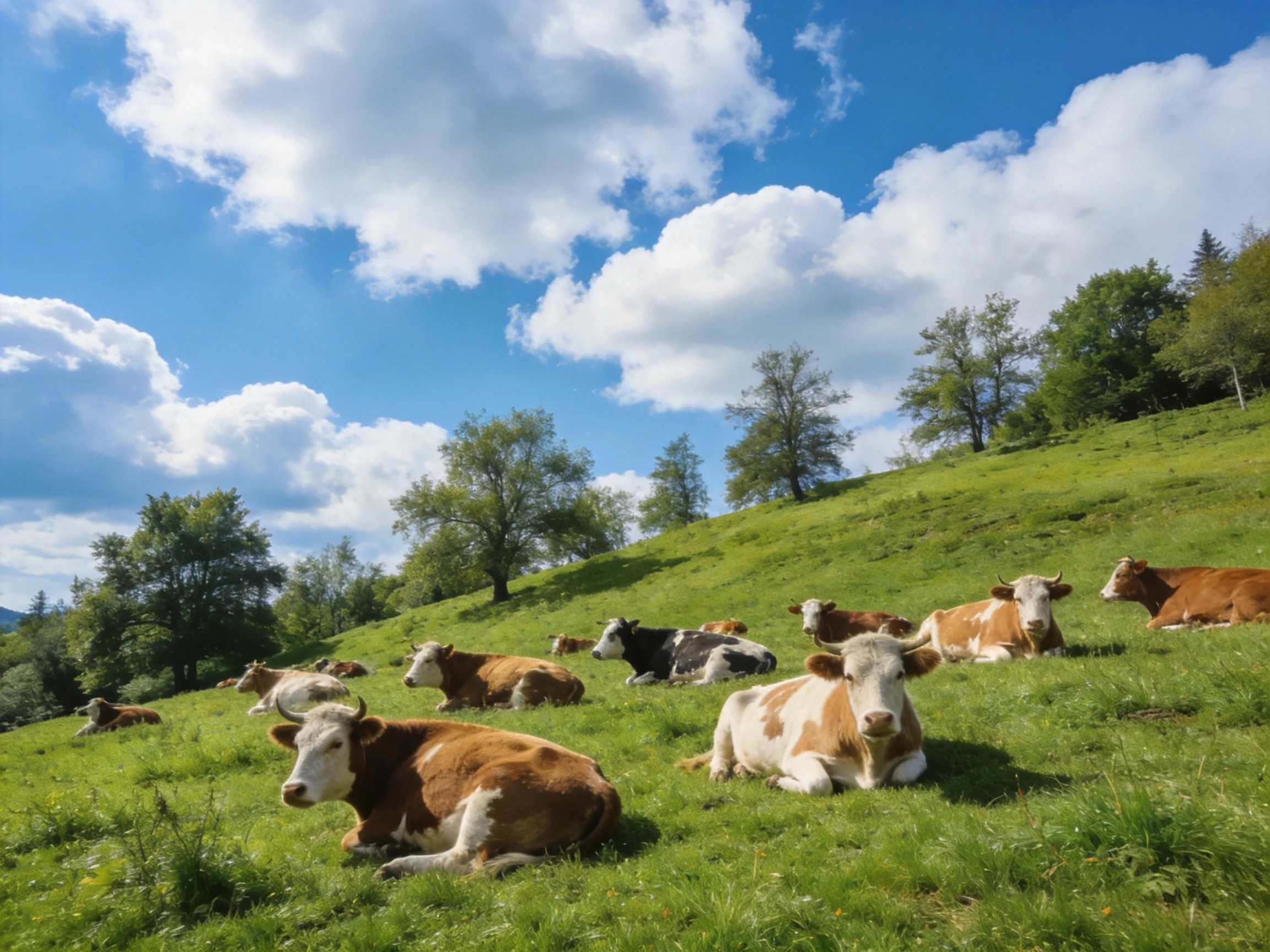 A group of brown and white cows rests on a lush green hillside under a bright blue sky