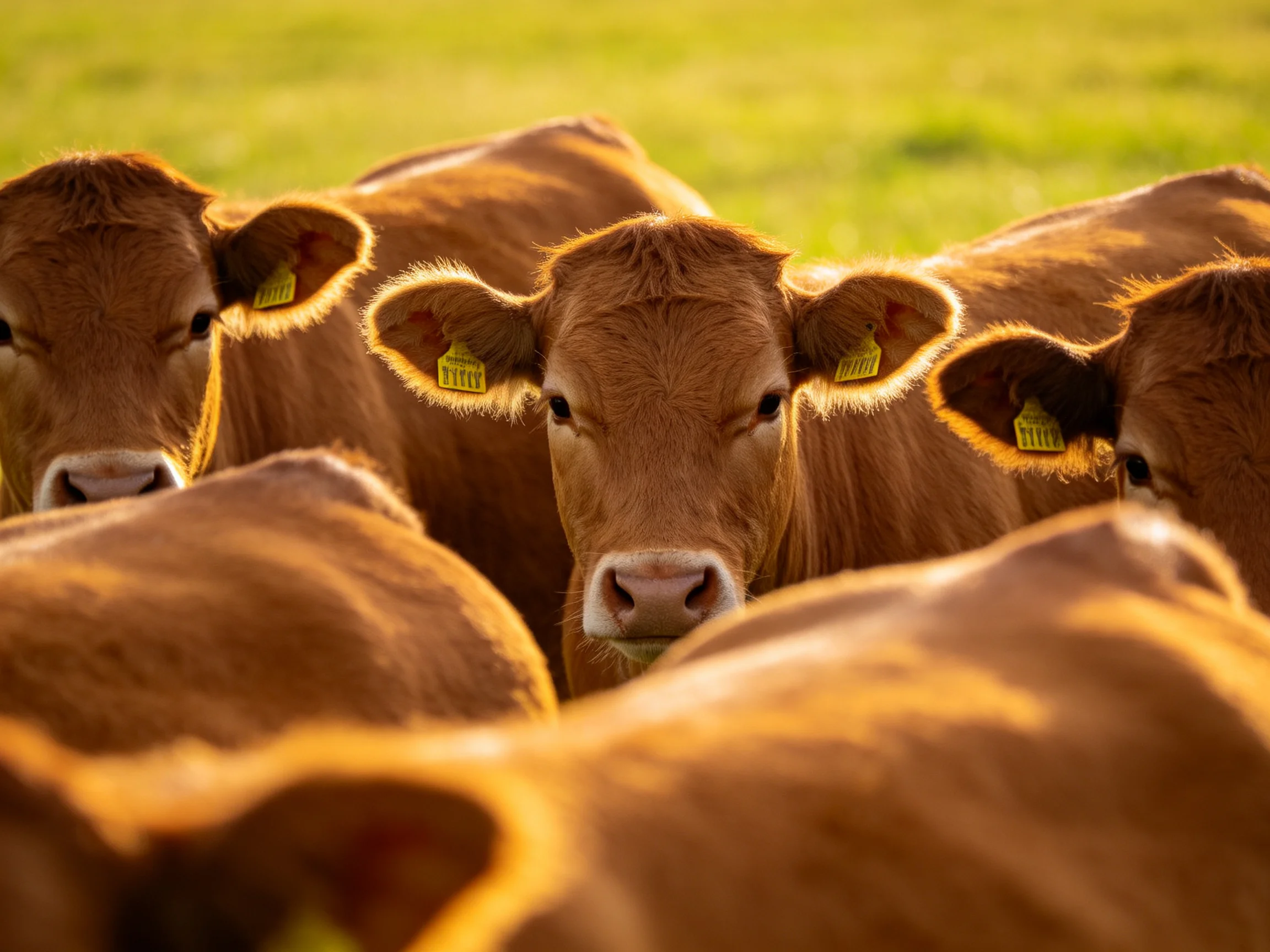 A group of brown calves gathered in a sunlit green pasture