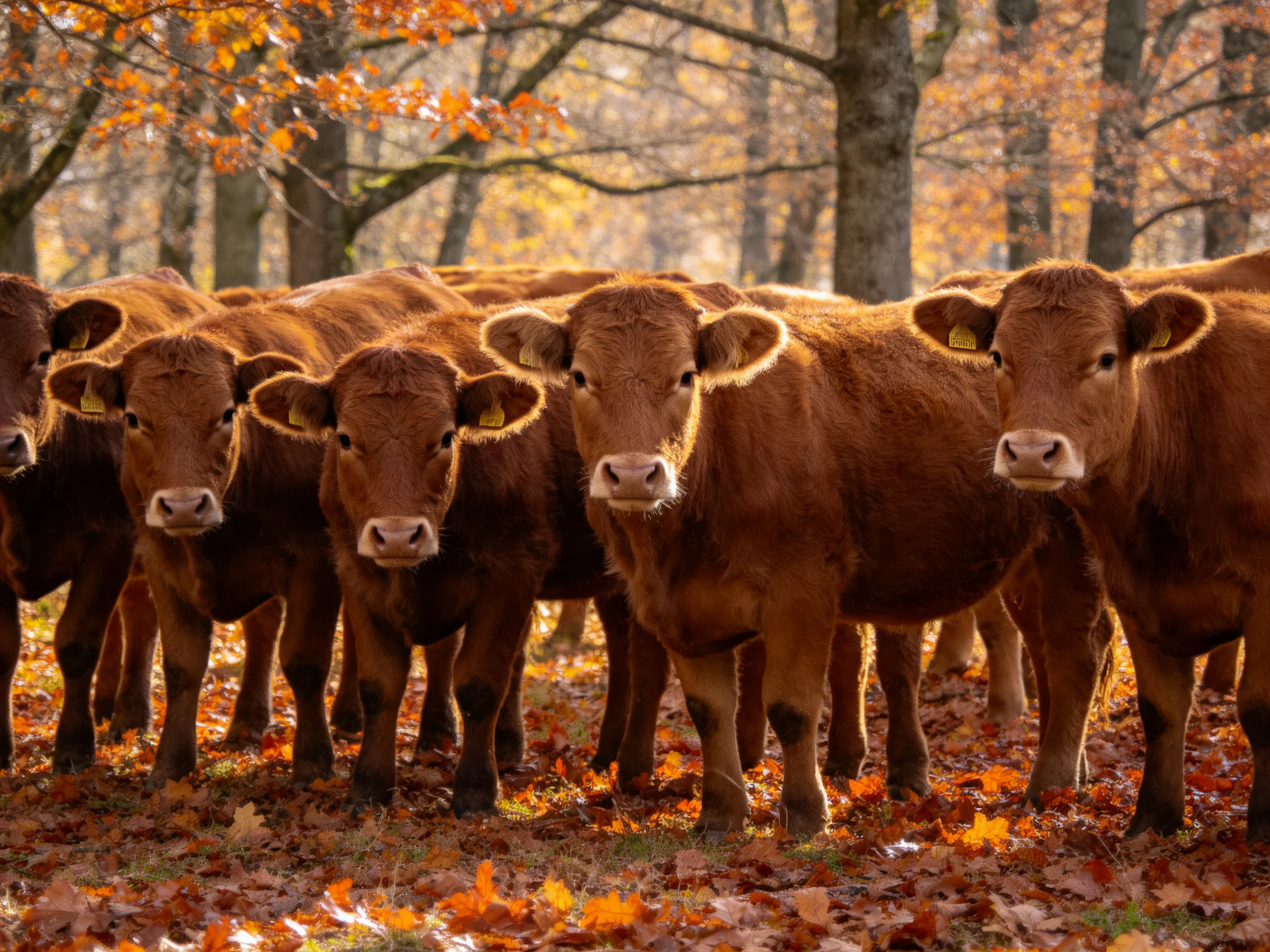 A group of brown calves gathers in an autumn forest clearing