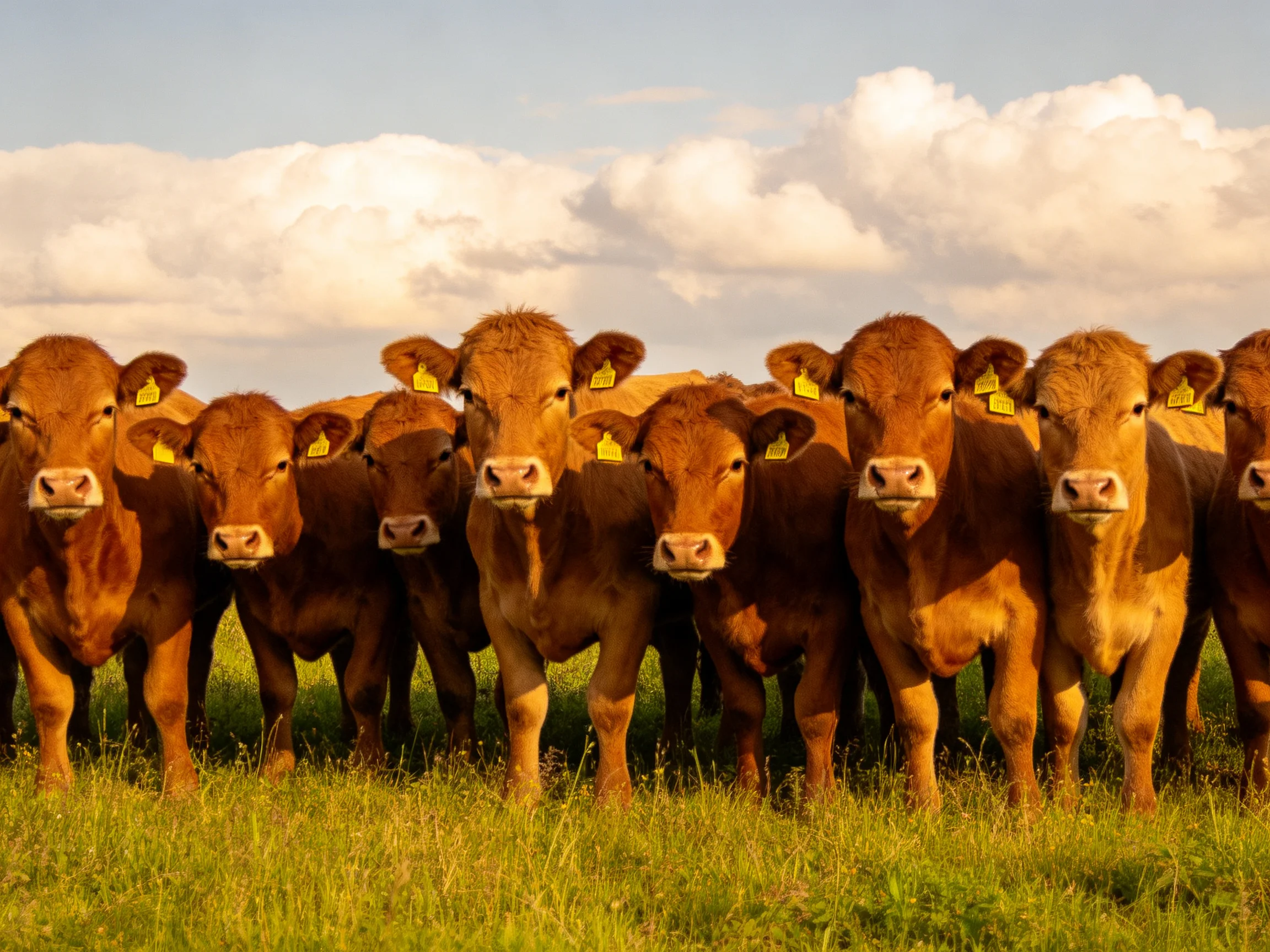 A group of brown calves stands in a lush green pasture under a cloudy sky