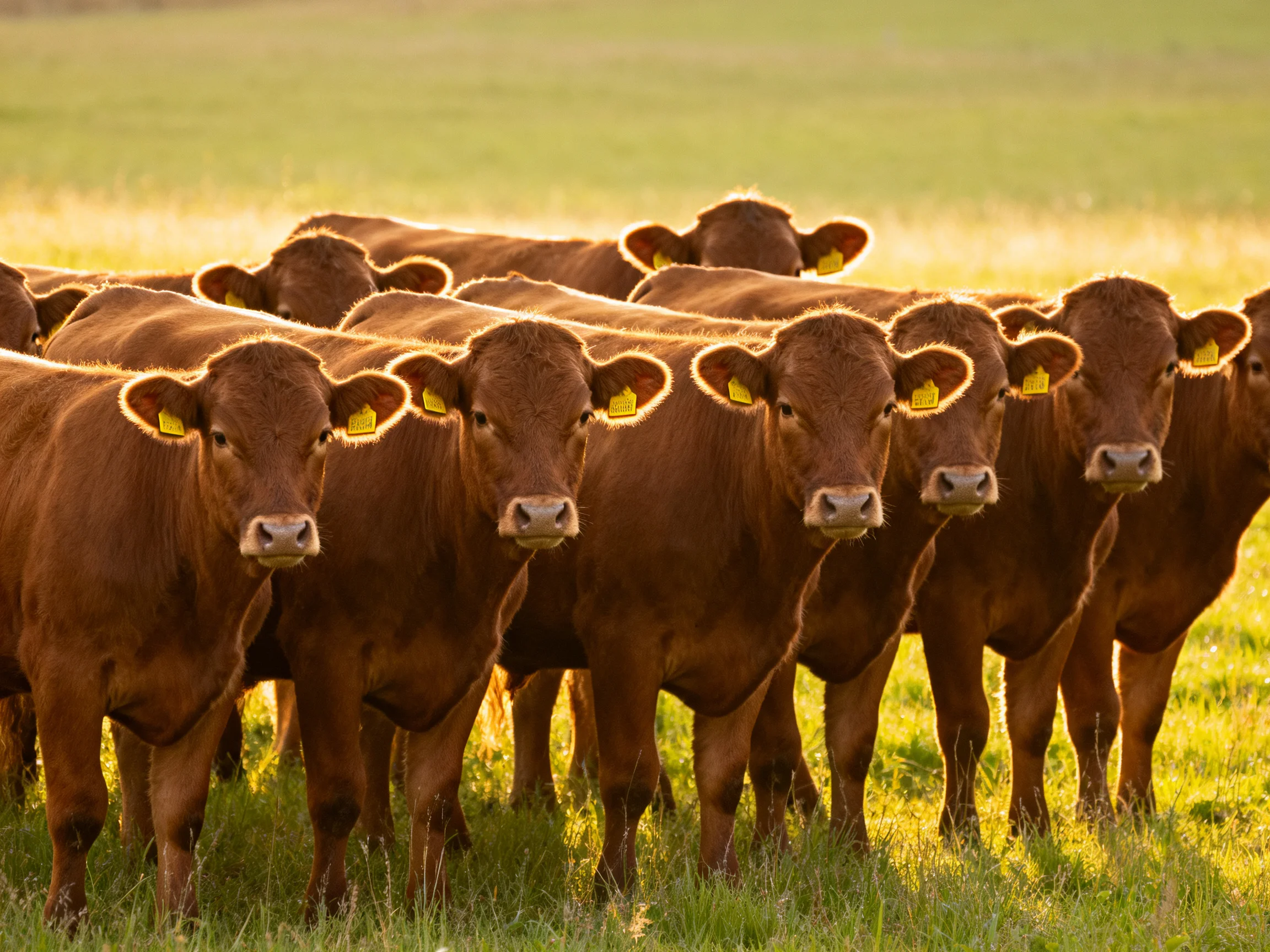 A group of brown cattle clustered in a sun-drenched pasture