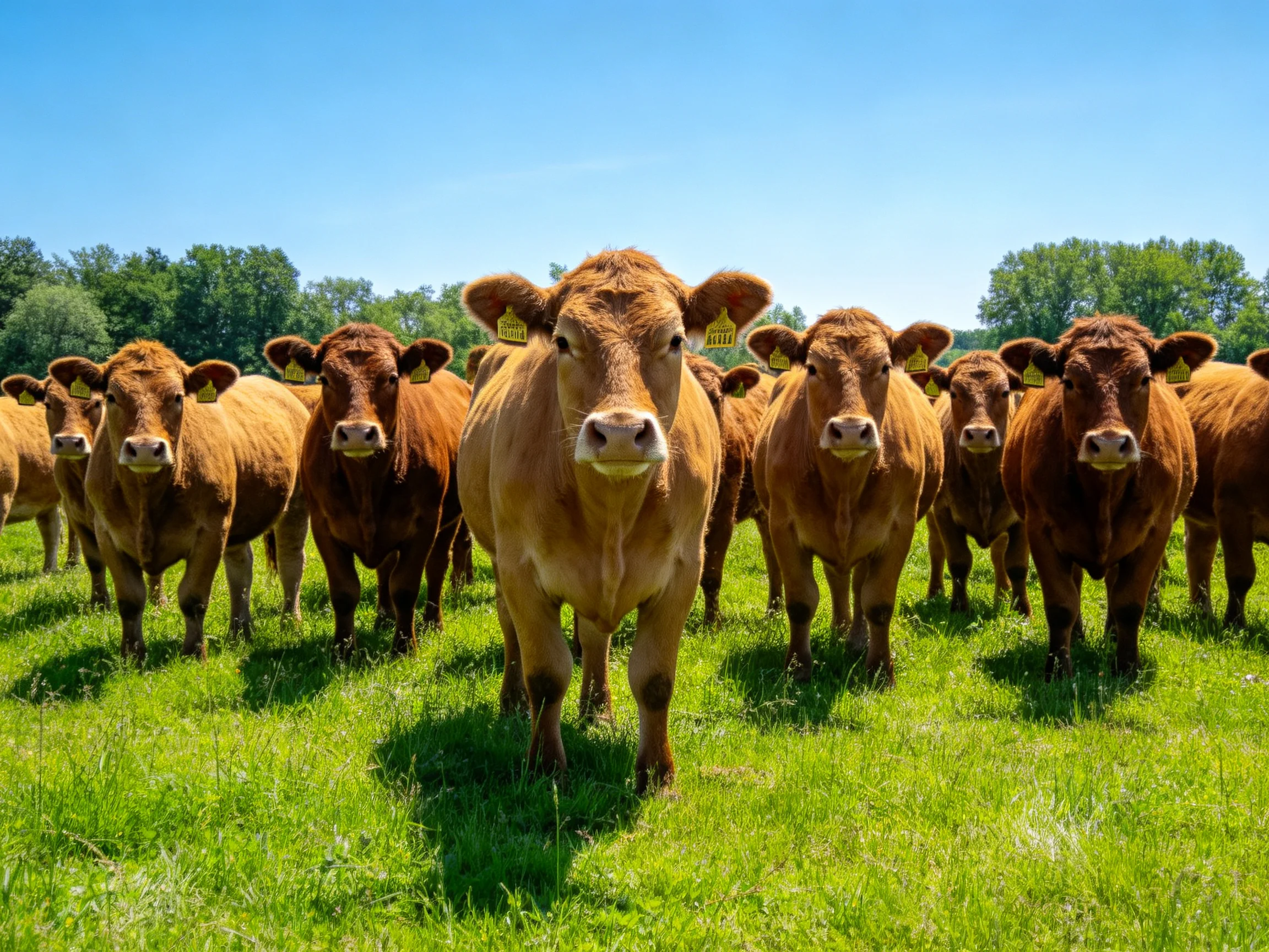 A group of brown cattle gathered in a lush green pasture