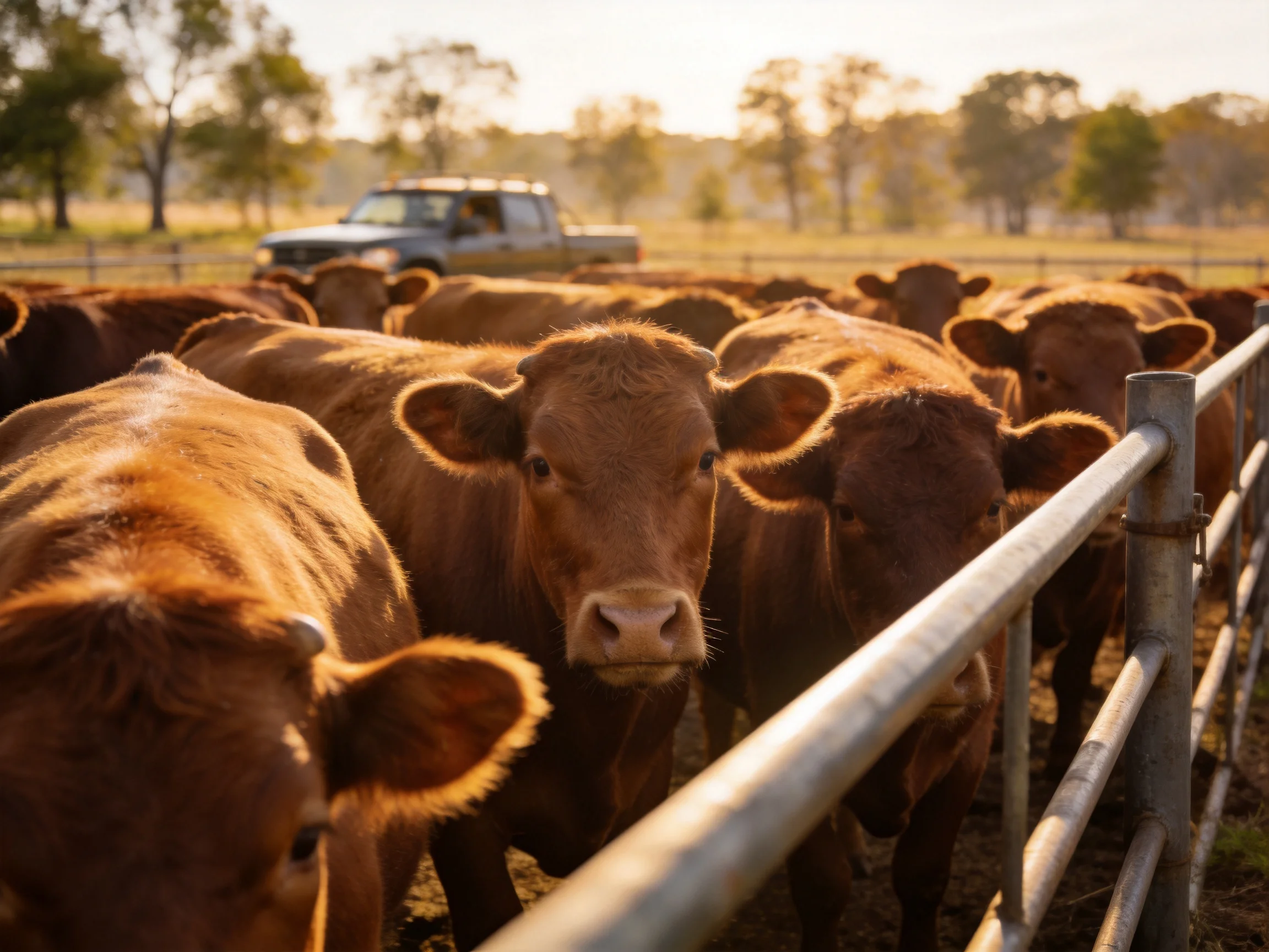 A group of brown cattle gathered near a metal fence with a truck in the distance