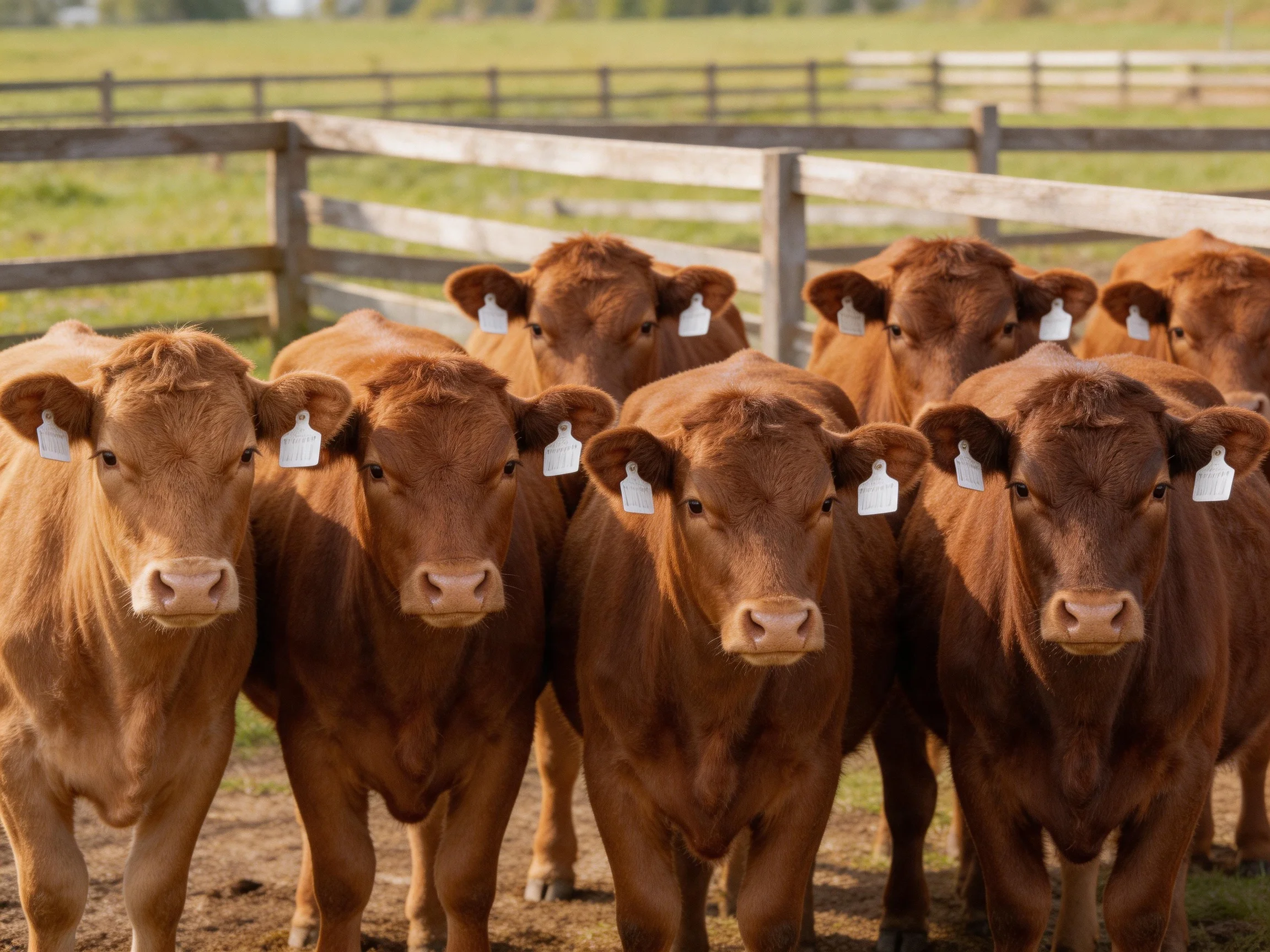 A group of brown cattle gathered near wooden fences