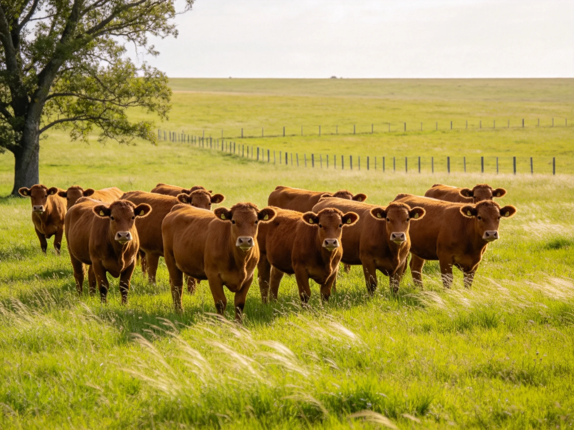 A group of brown cattle gathers in a lush green pasture near a large tree