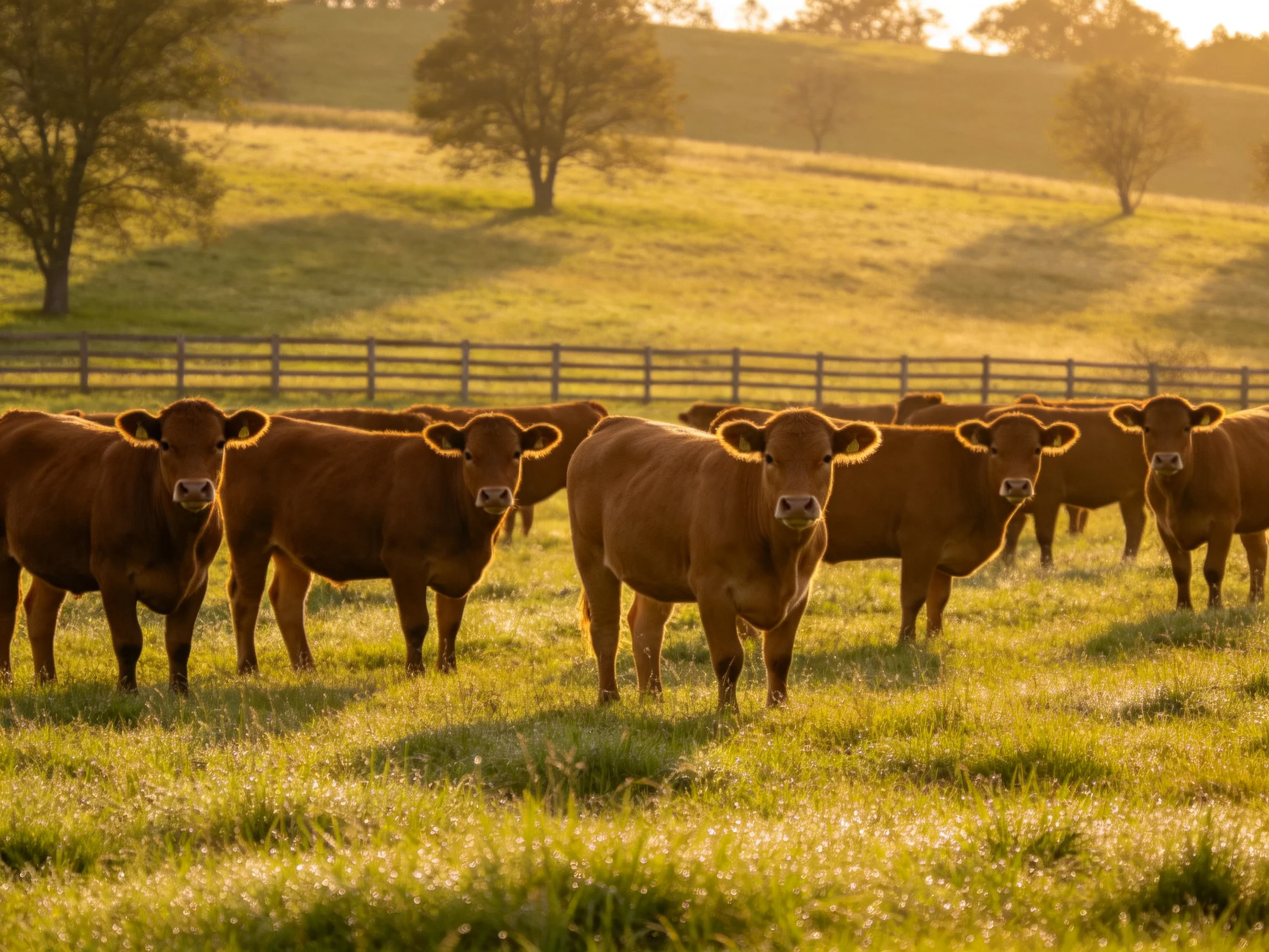 A group of brown cattle gathers in a sun-drenched green pasture near a wooden fence