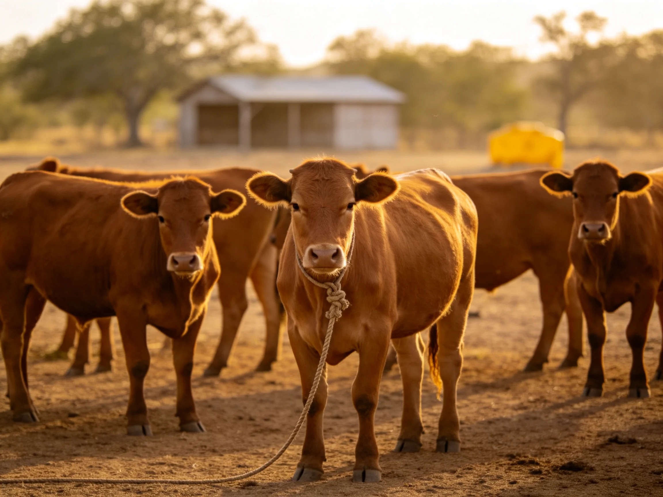 A group of brown cattle gathers near a rustic shed in golden sunlight