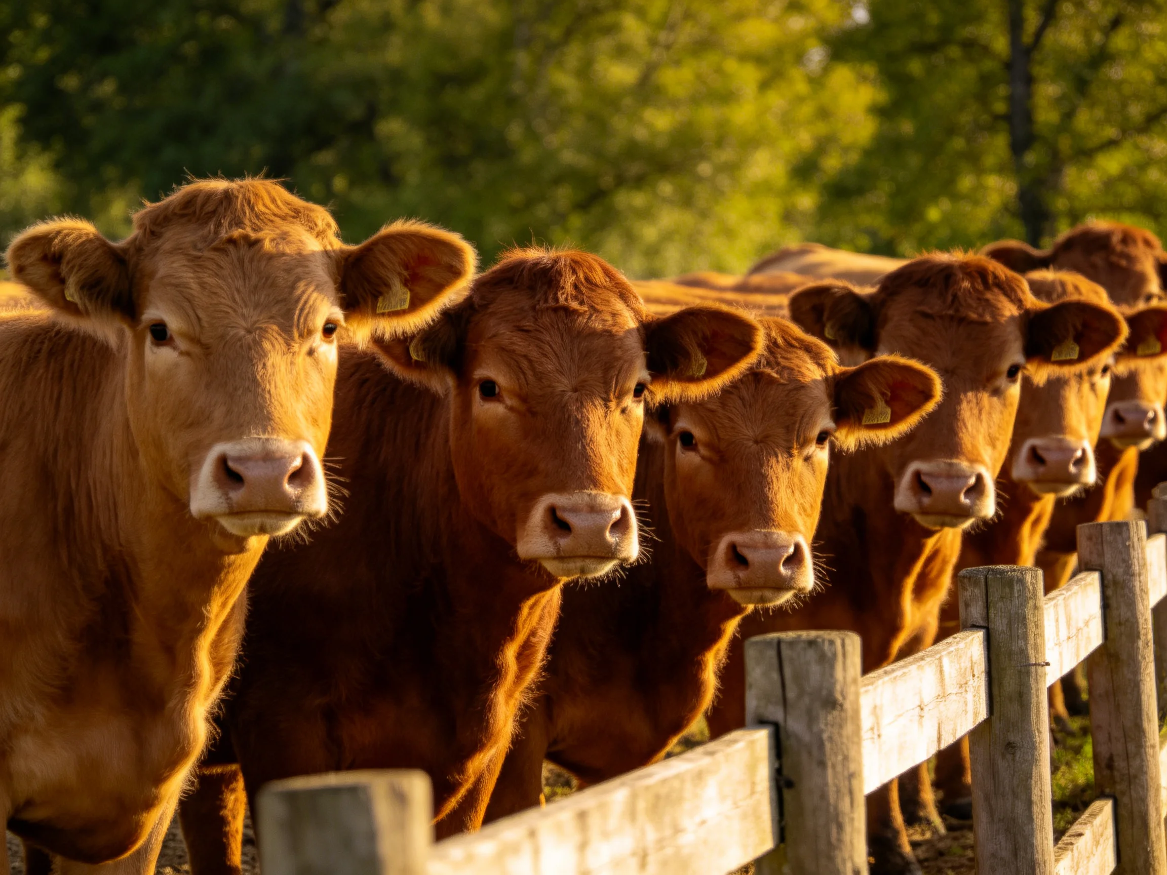 A group of brown cattle gathers near a wooden fence under golden sunlight