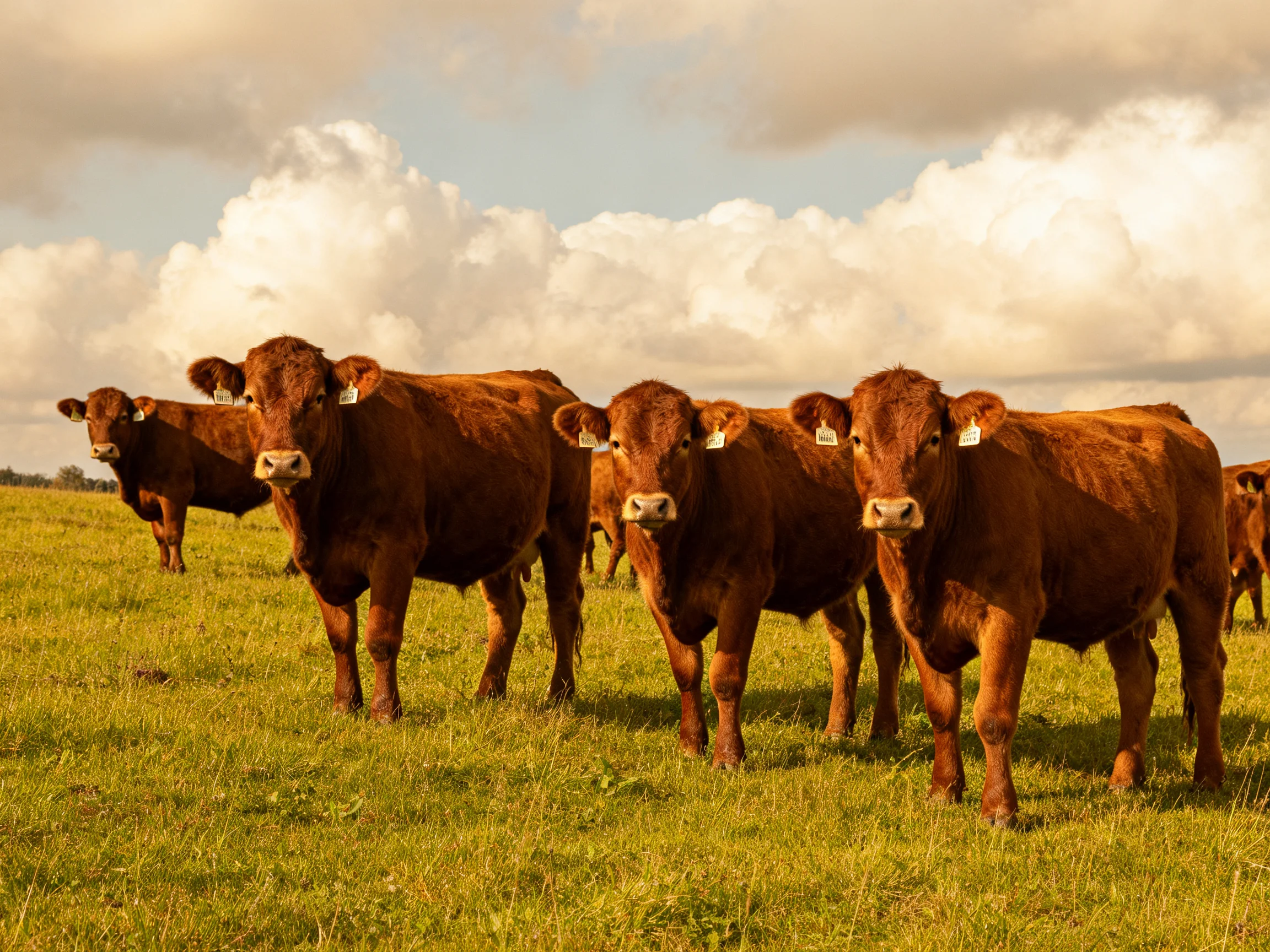 A group of brown cattle grazing in a lush green pasture under cloudy skies