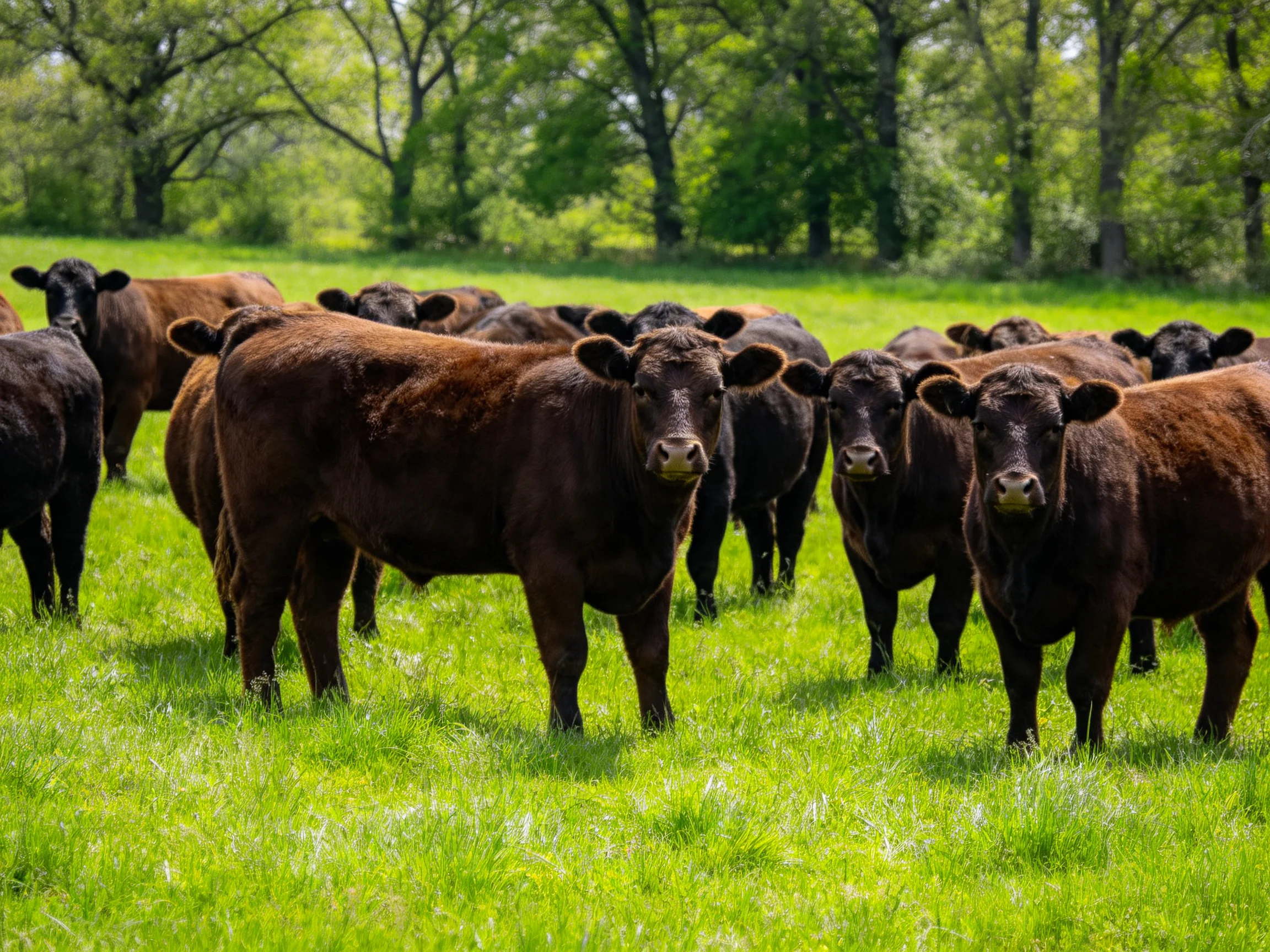 A group of brown cattle in a lush green pasture