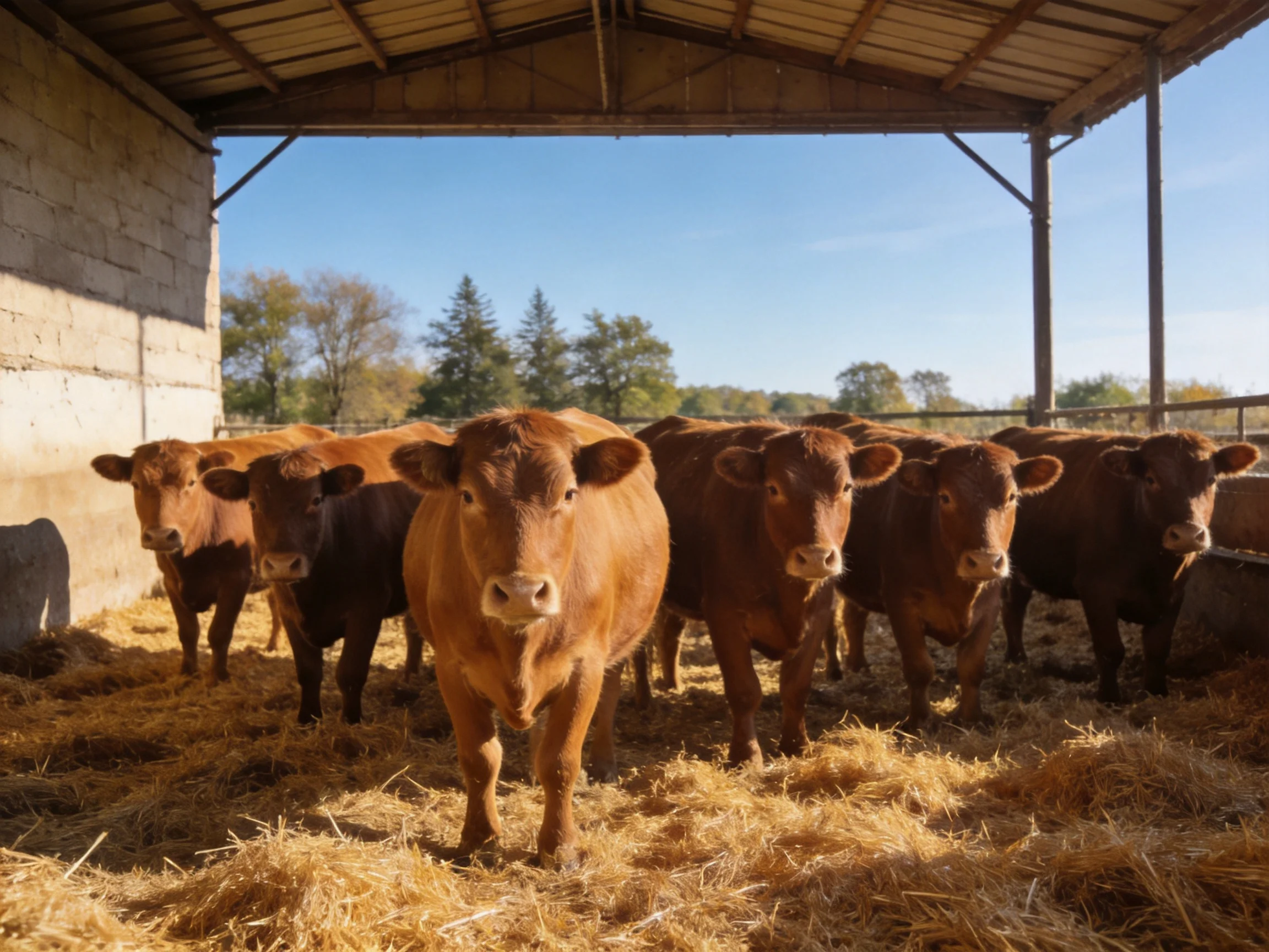 A group of brown cattle in a sheltered barn with straw bedding