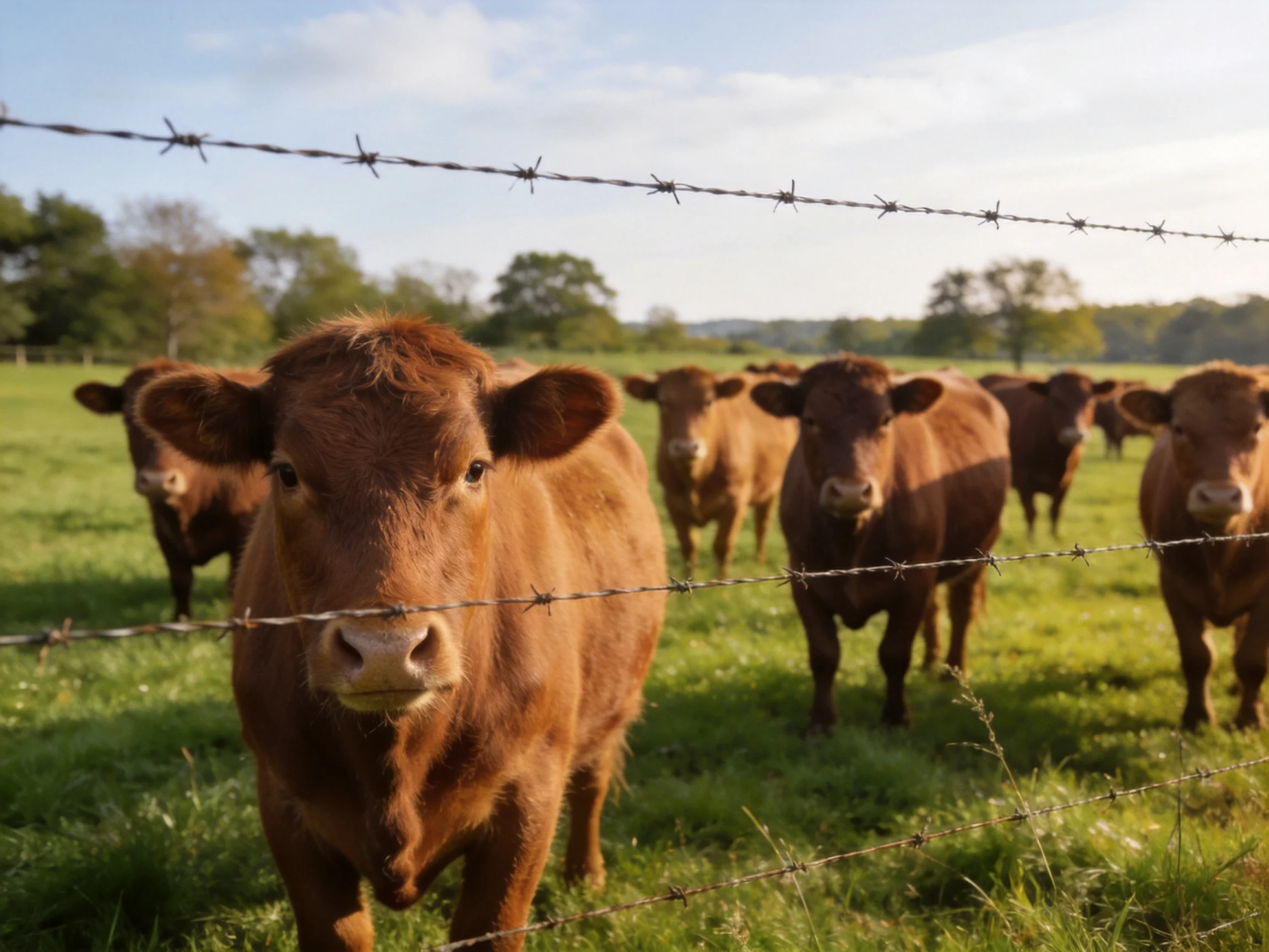 A group of brown cattle near barbed wire in a green pasture