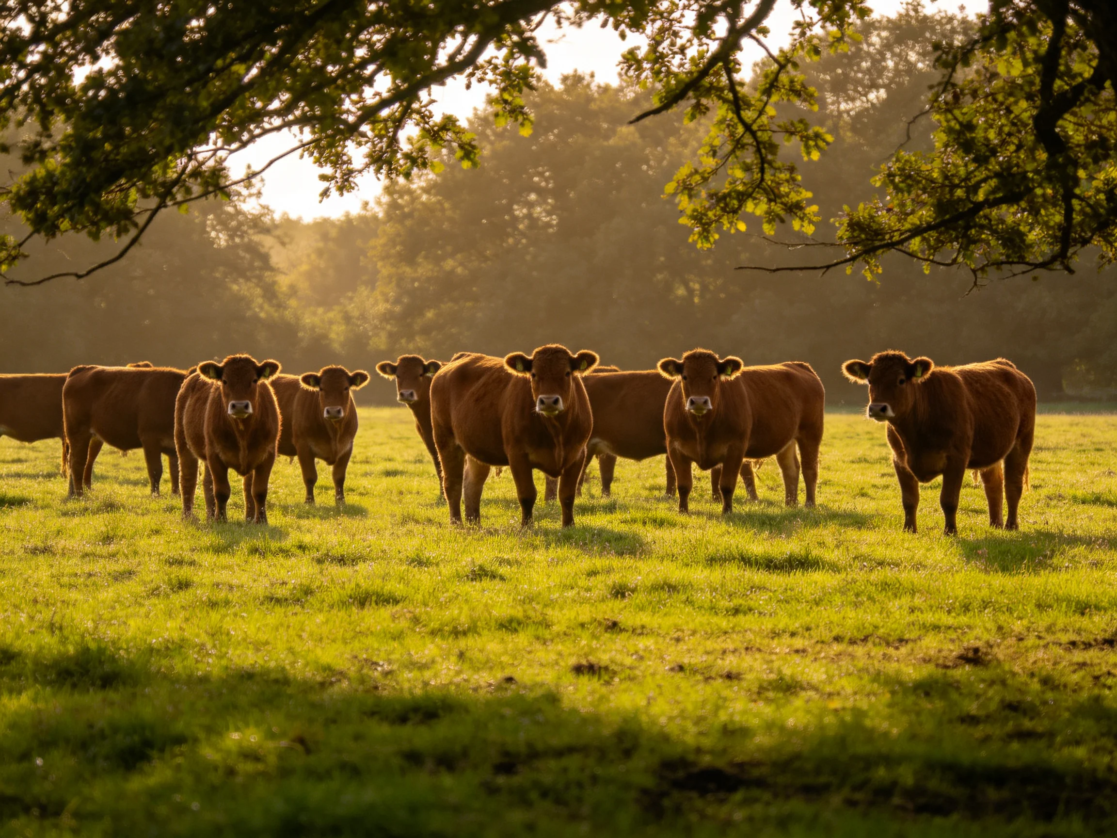 A group of brown cattle stands in a sunlit green pasture near trees