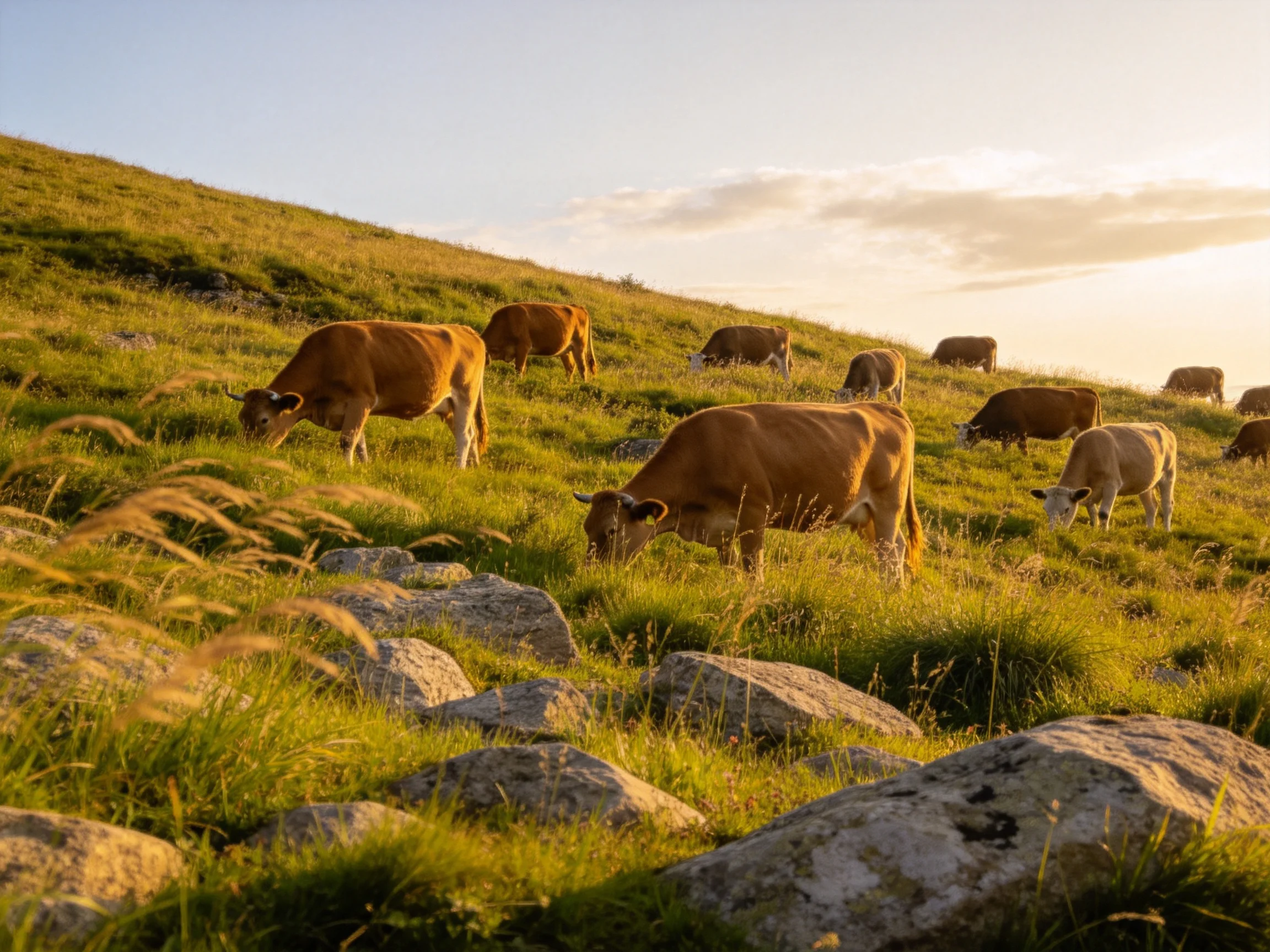 A group of brown cows graze on a rocky green hillside under golden sunlight