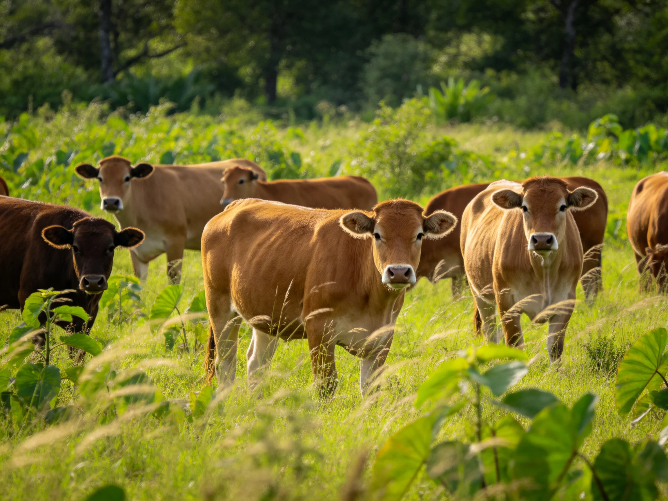 A group of brown cows grazing in a lush green meadow