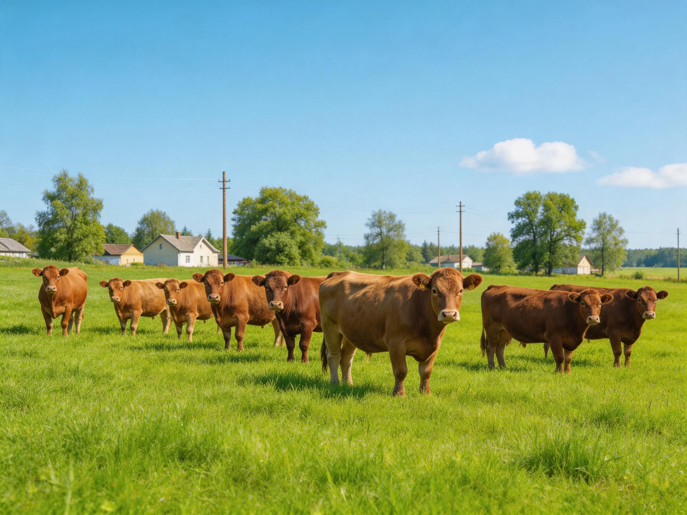 A group of brown cows grazing in a lush green pasture