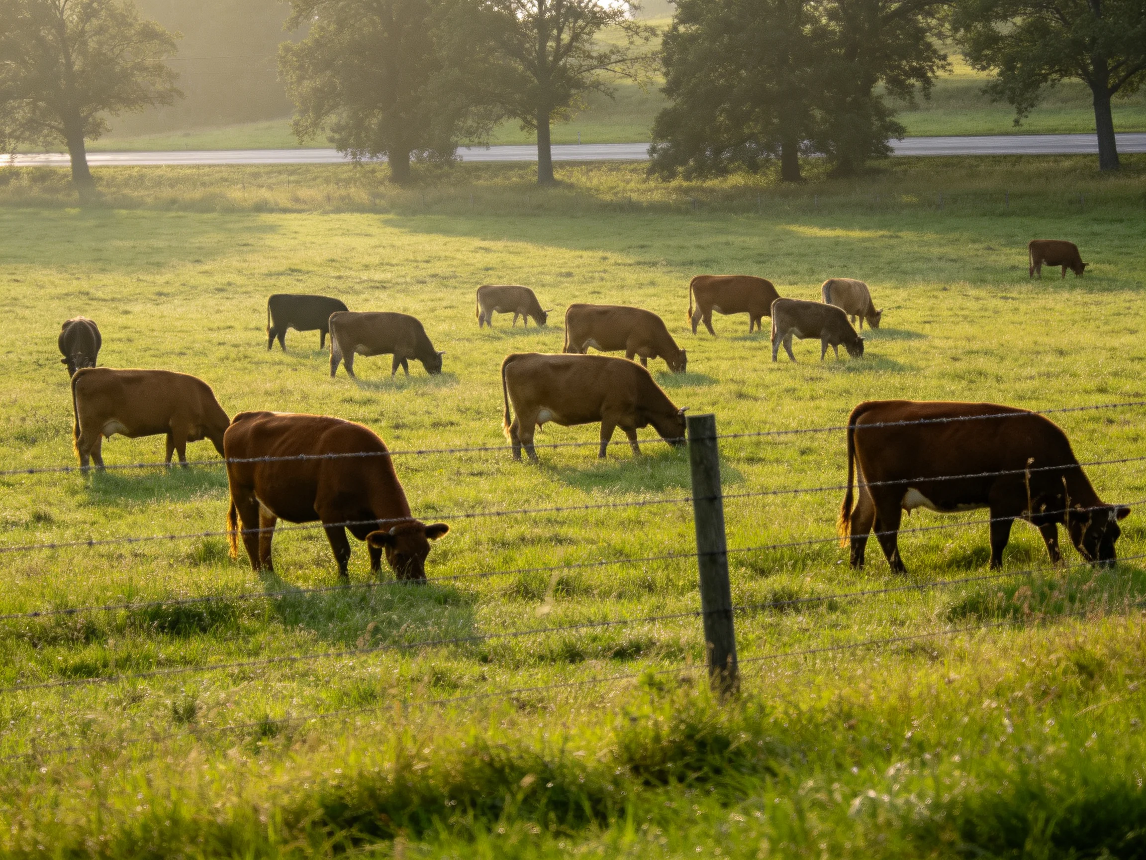A group of brown cows grazing in a sunlit green pasture