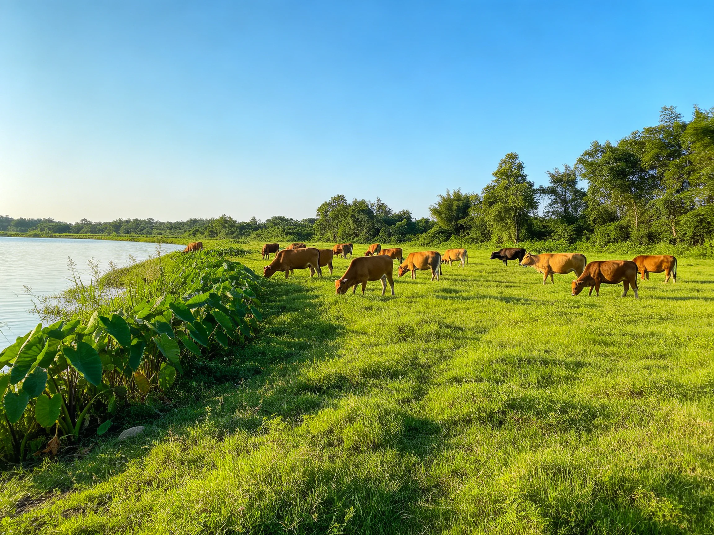 A group of brown cows grazing near a calm river with lush greenery