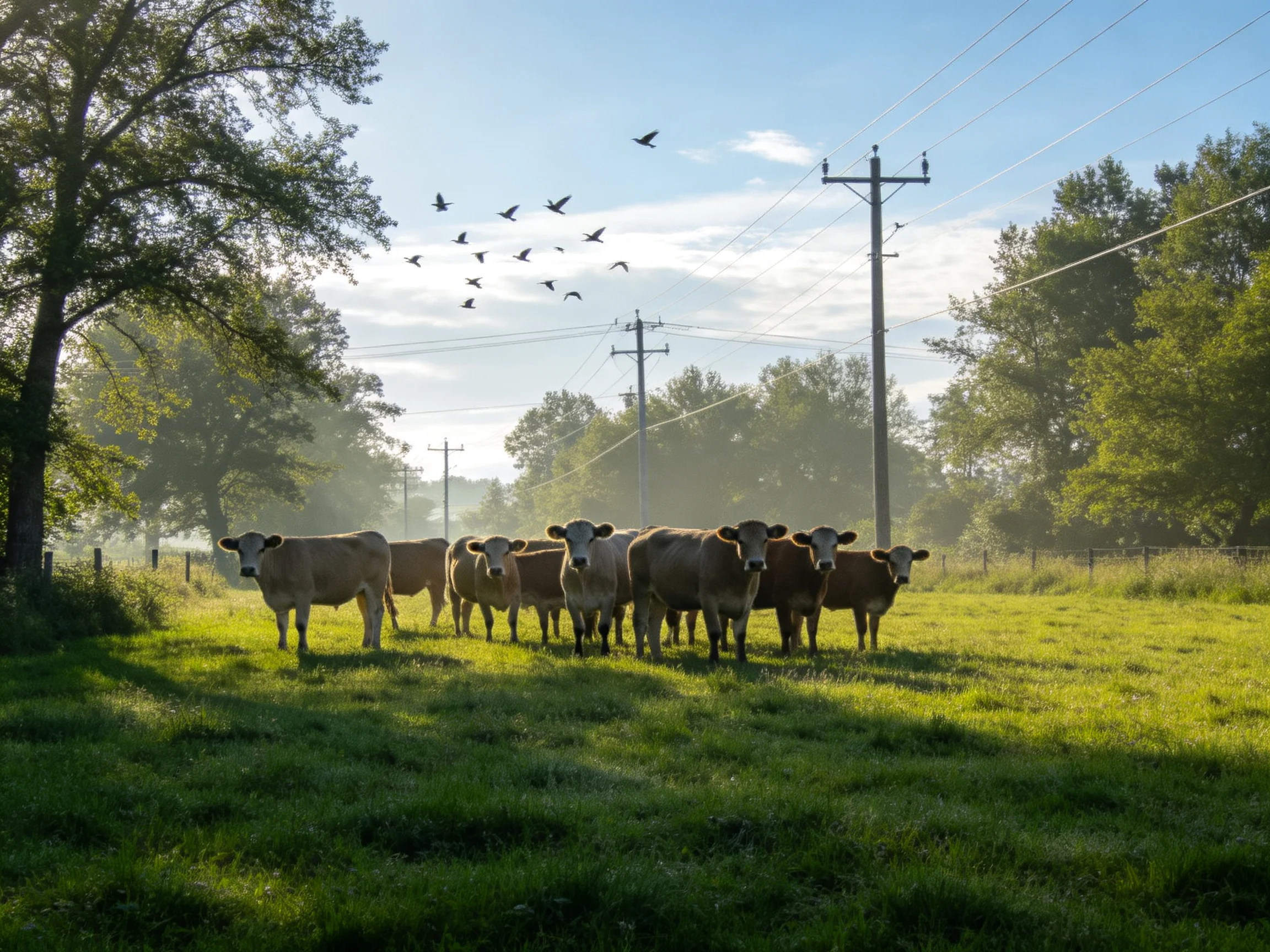 A group of brown cows in a lush green pasture with flying birds