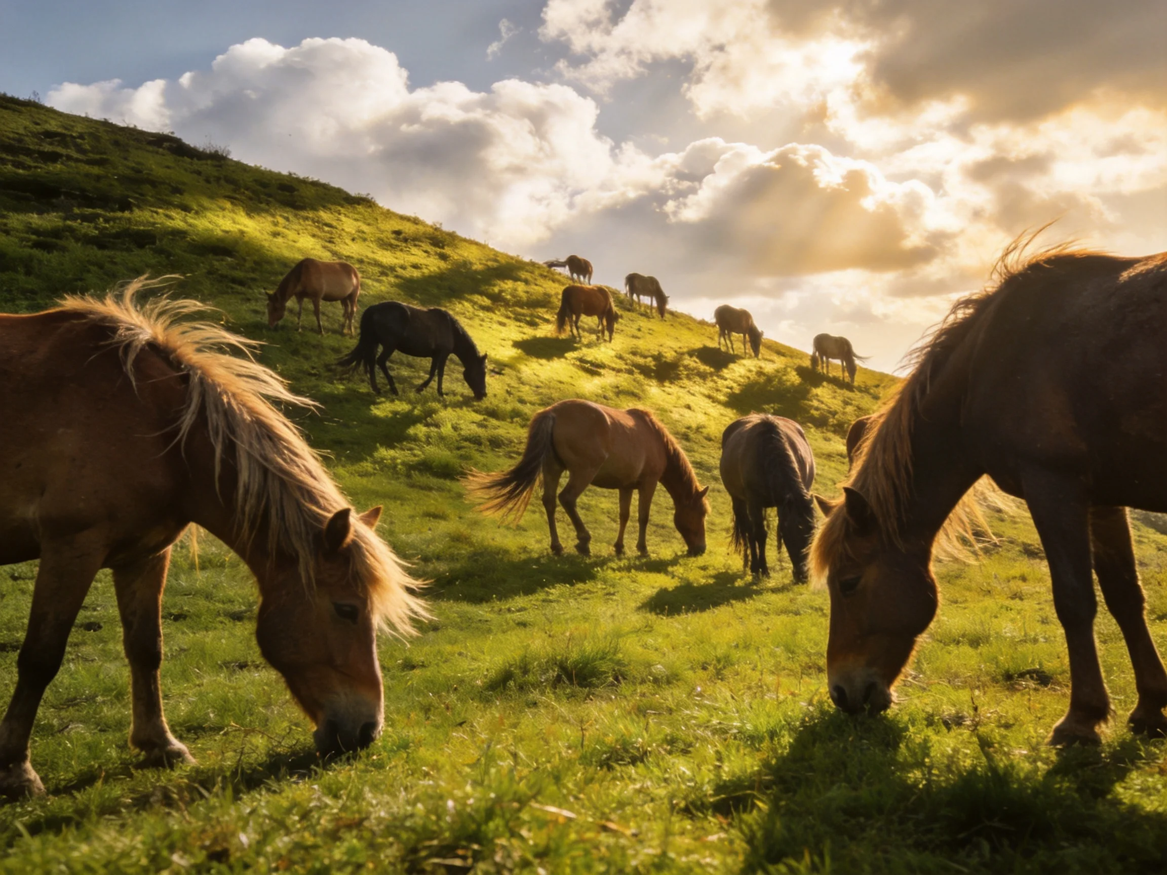 A group of brown horses graze on a sunlit green hillside