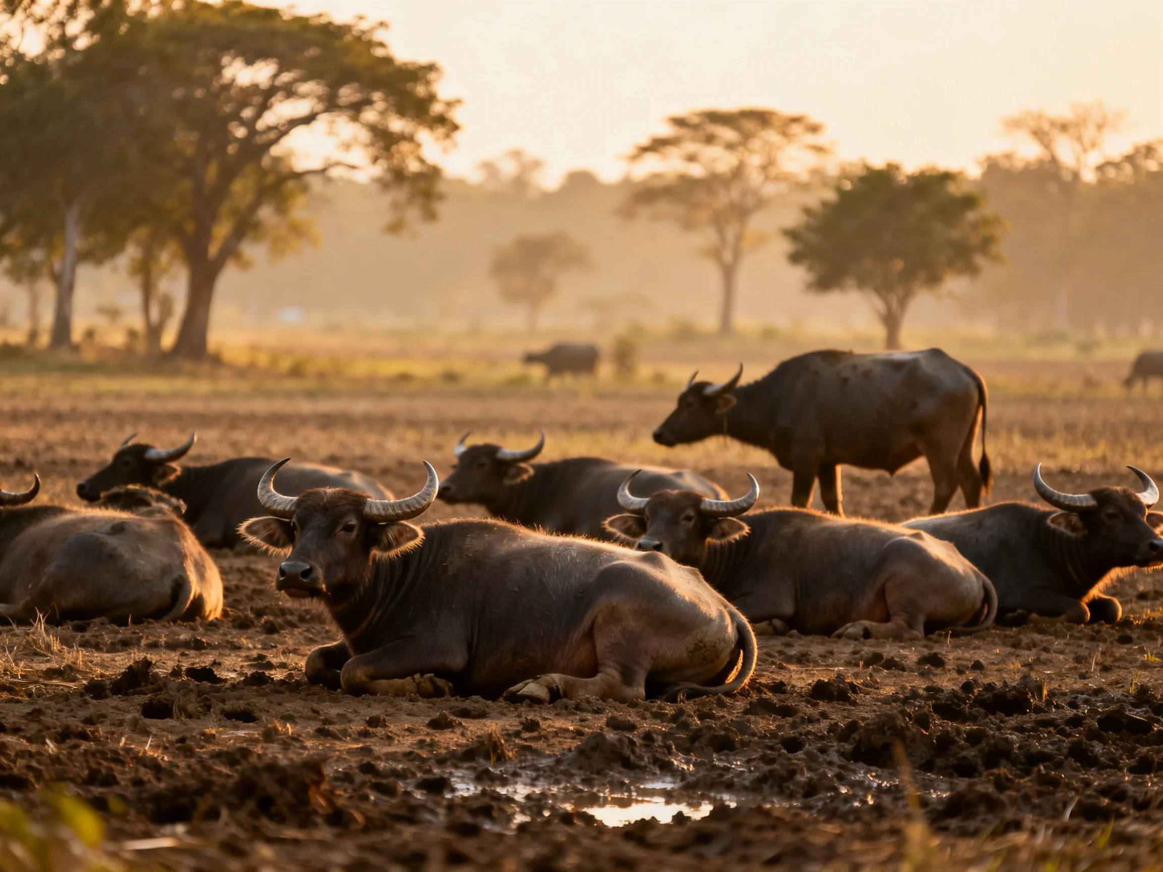 A group of buffalo rests in muddy terrain under golden light