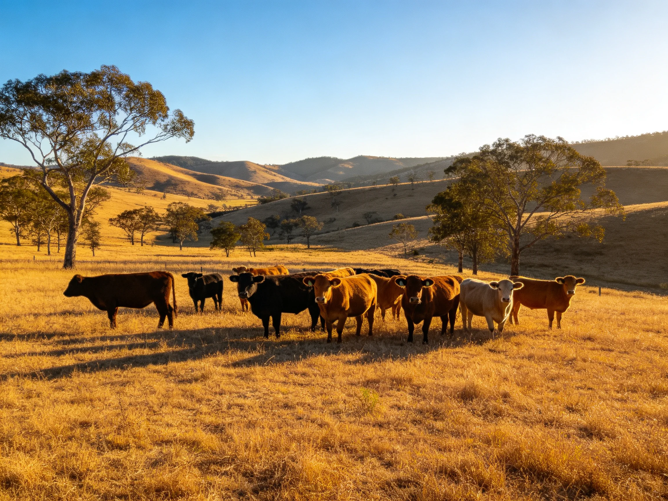 A group of cattle gathers in a golden field with rolling hills