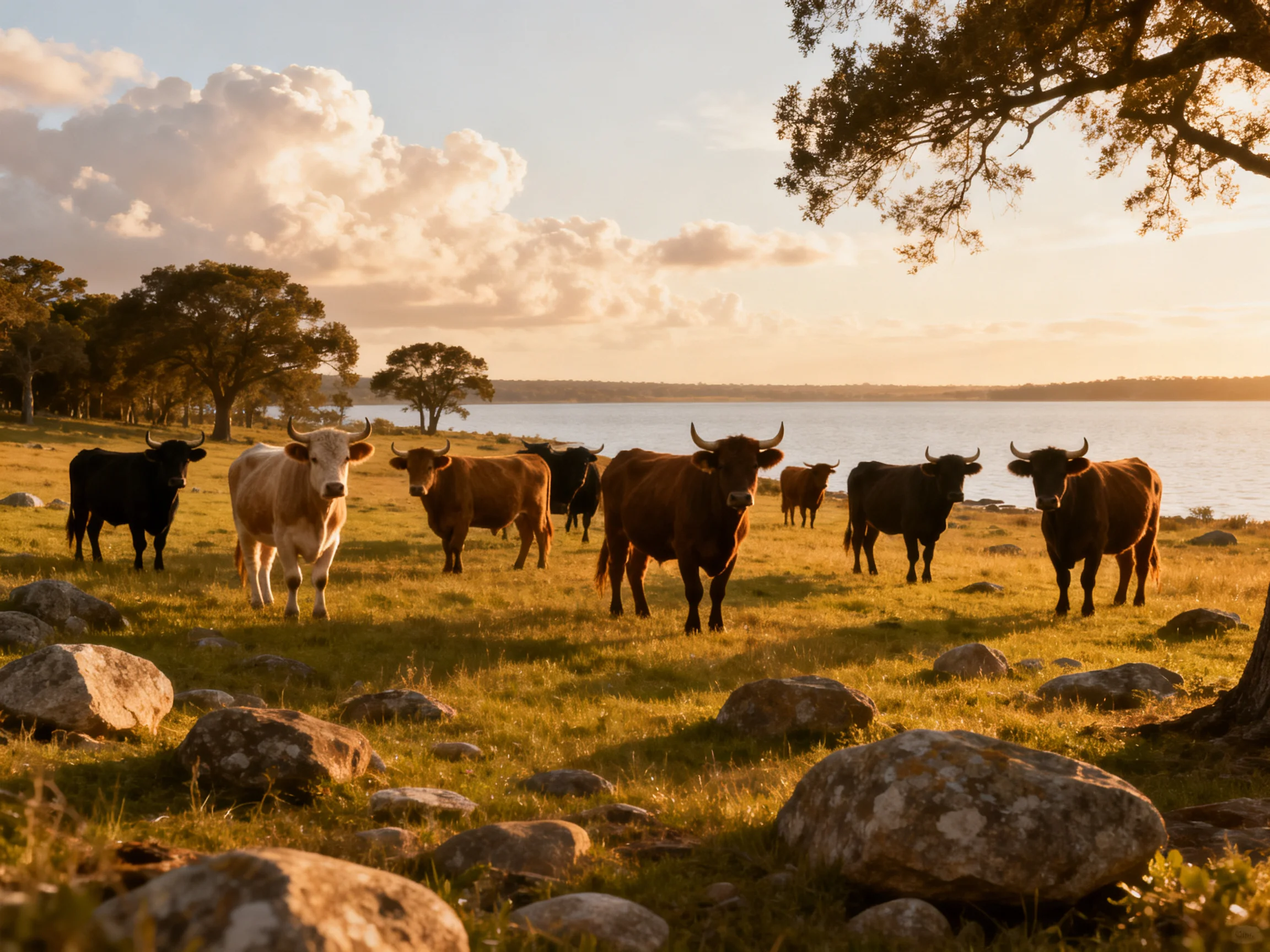 A group of cattle in a golden field near a calm lake