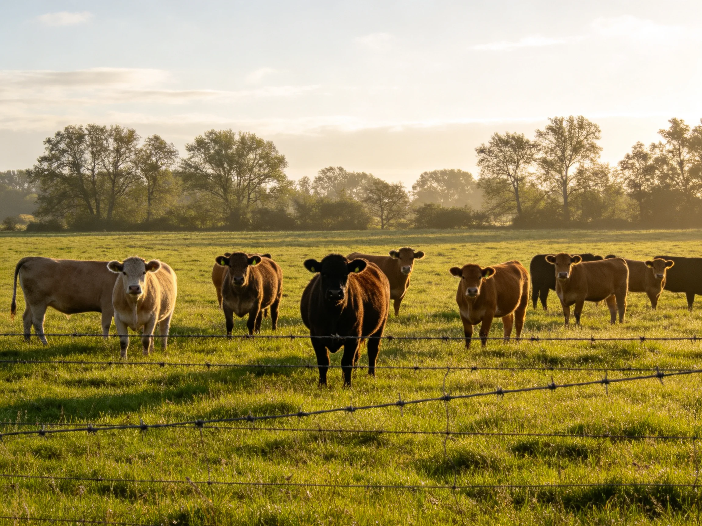 A group of cattle in a sunlit green pasture near trees