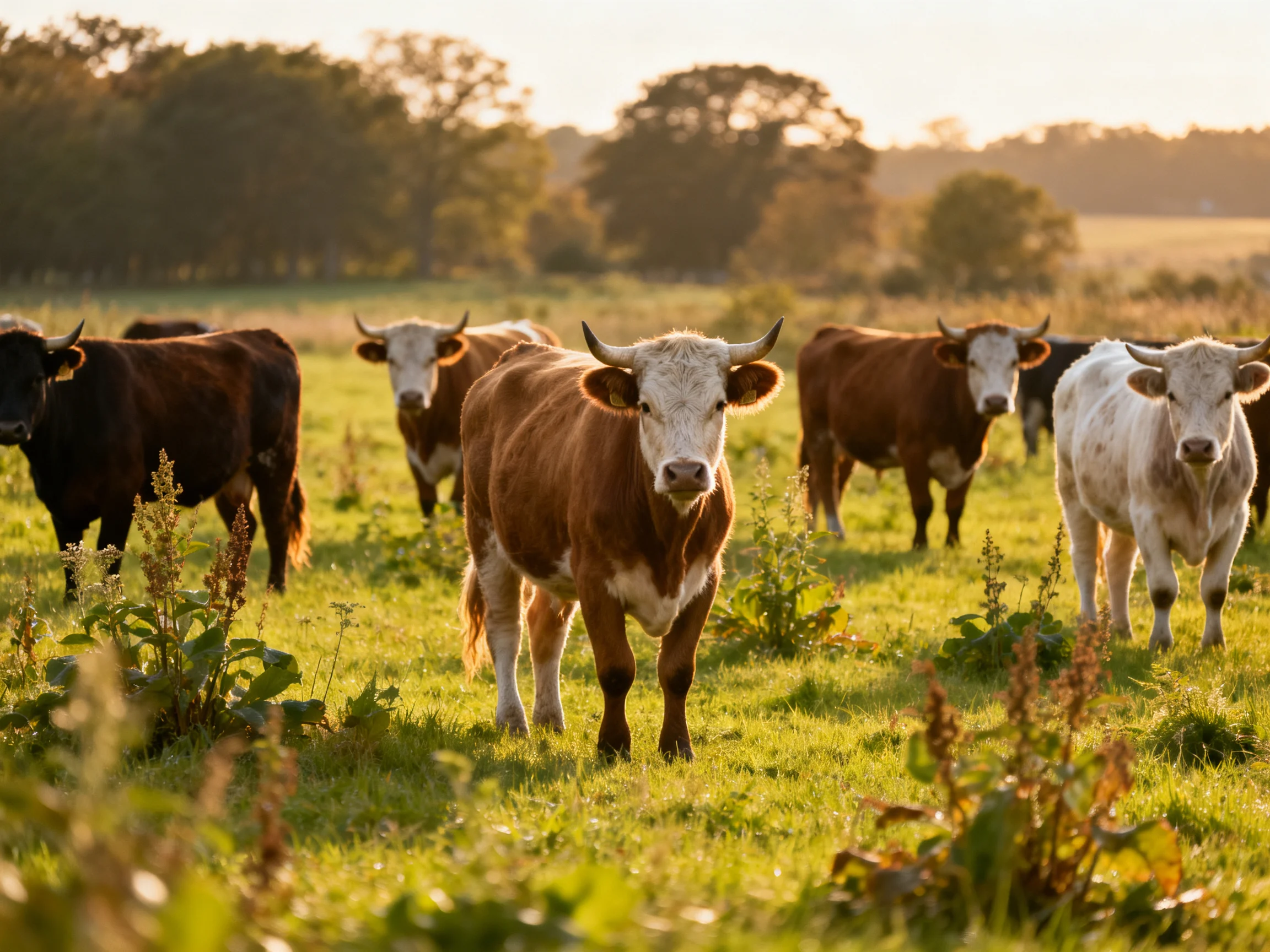 A group of cattle in diverse earthy tones graze a sun-drenched pasture