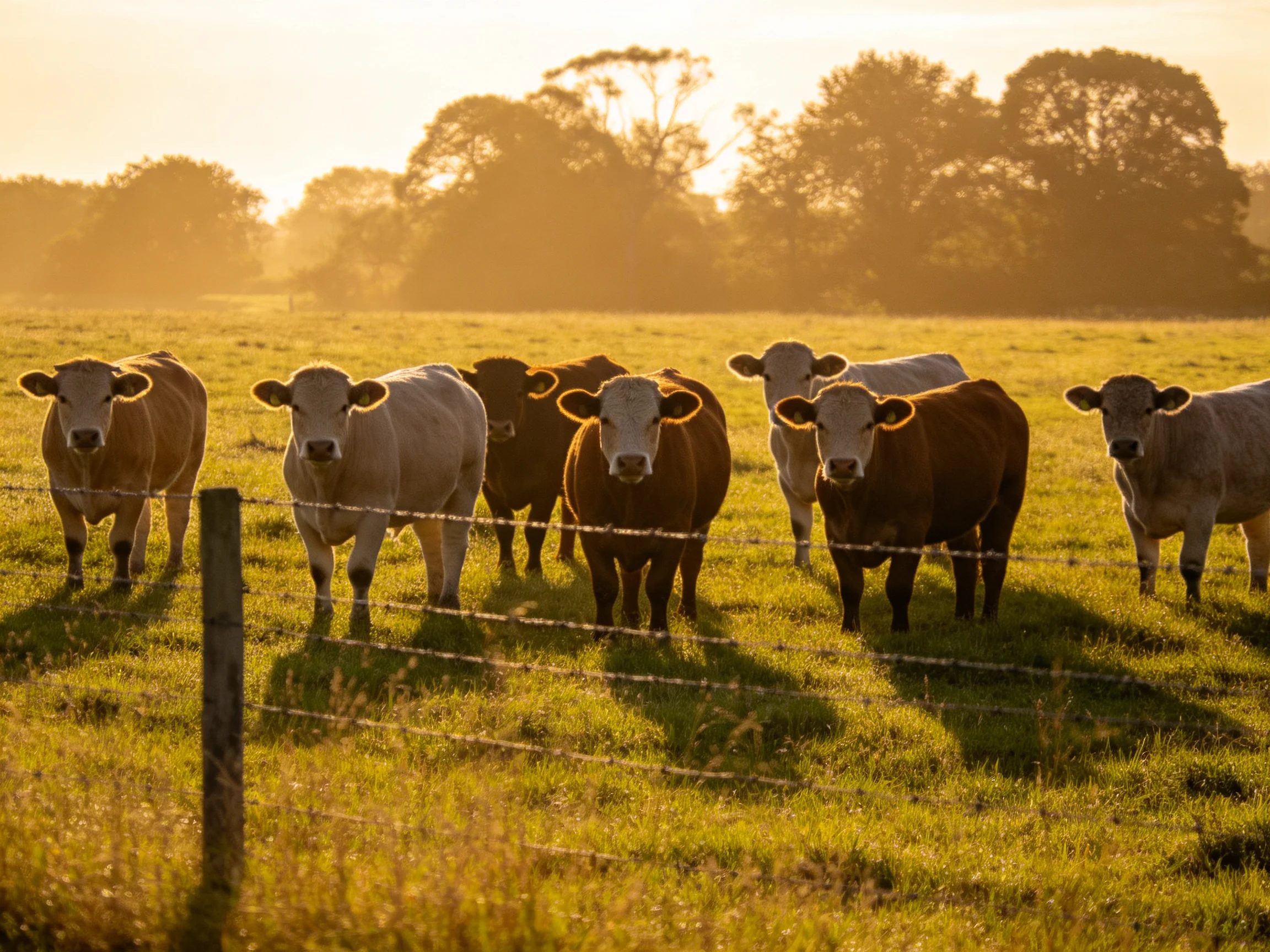 A group of cattle in various shades on a sun-drenched pasture near trees