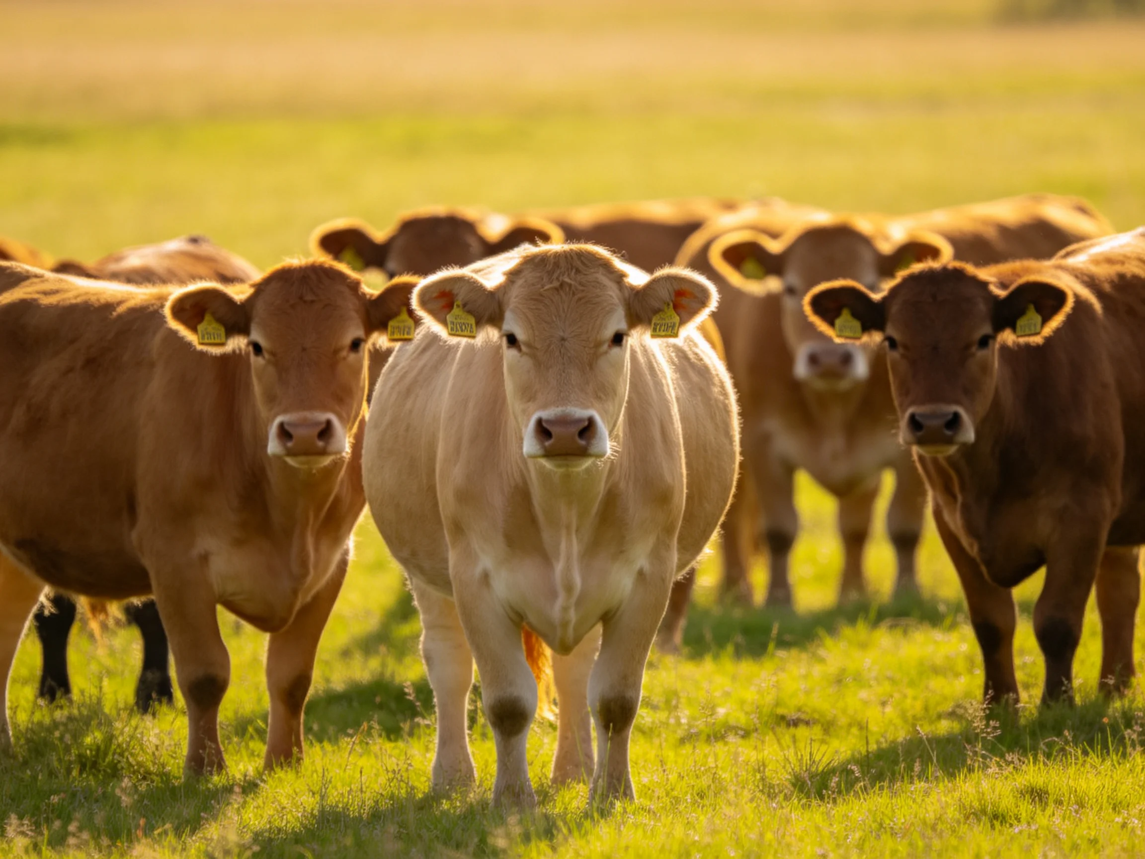 A group of cattle with brown and tan hues grazing in a sunlit pasture