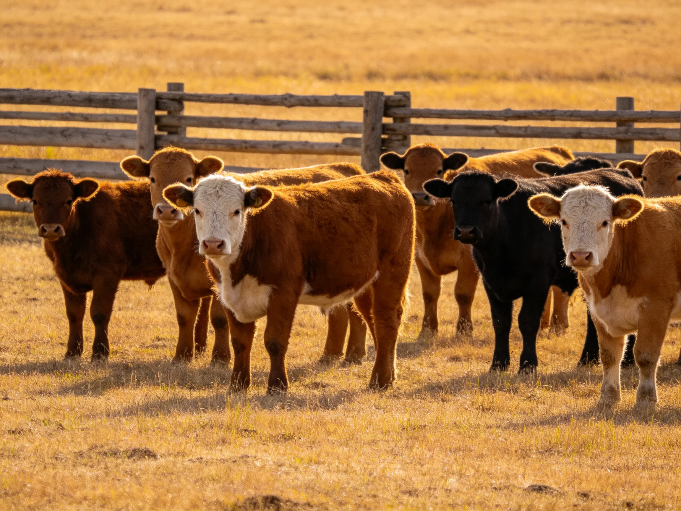 A group of cattle with brown, black, and white coats in a golden field