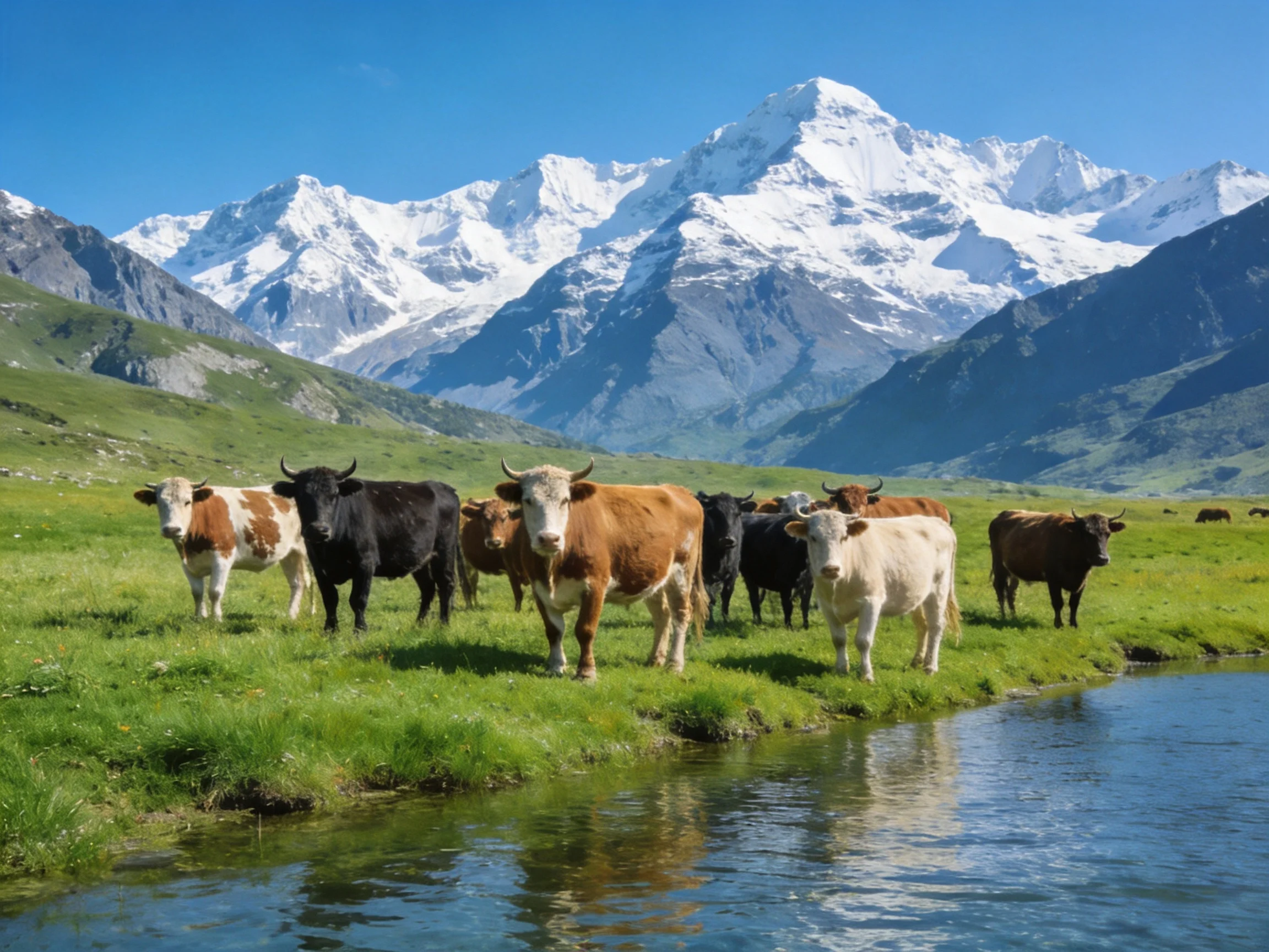 A group of colorful cattle near a stream with snow - capped mountains