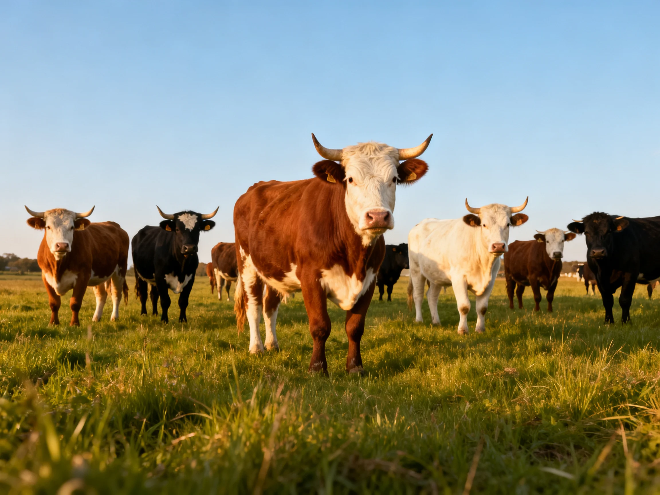 Colorful cattle gather in a sunlit pasture.