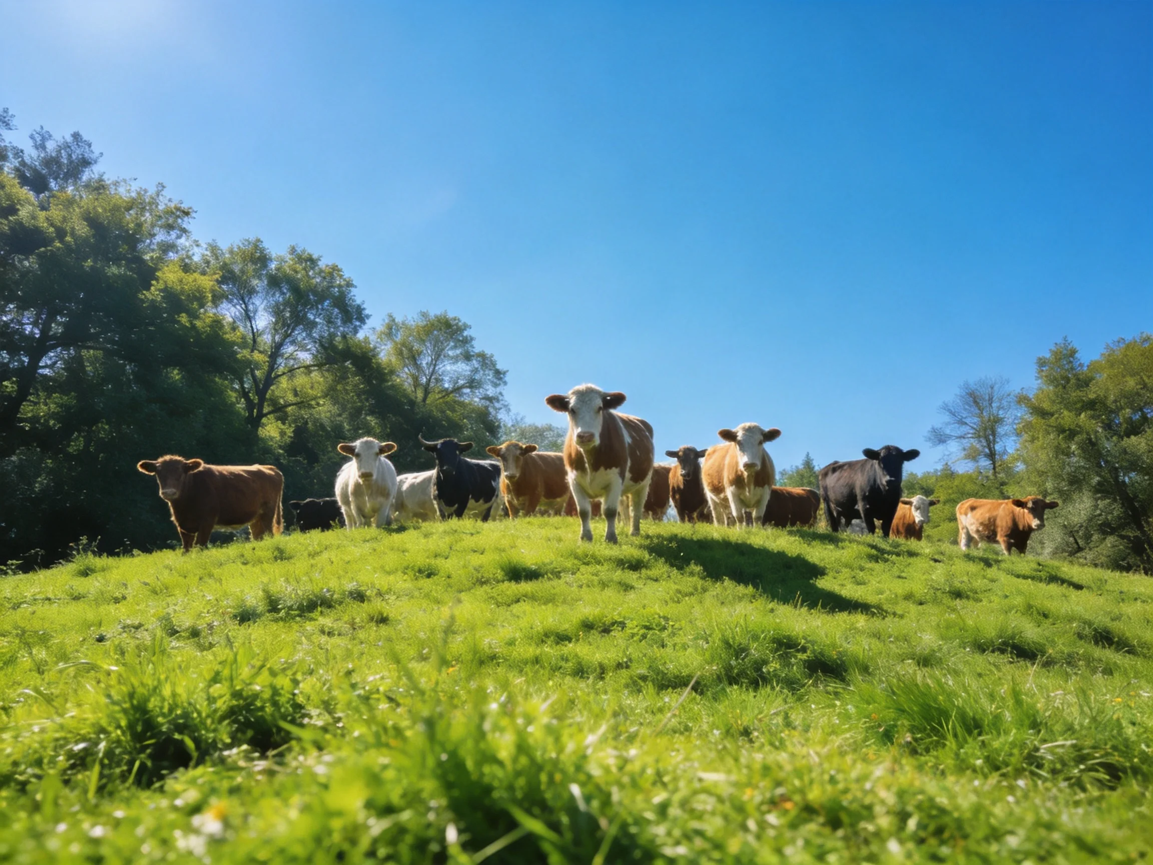 A group of colorful cows on a lush green hillside under clear blue sky