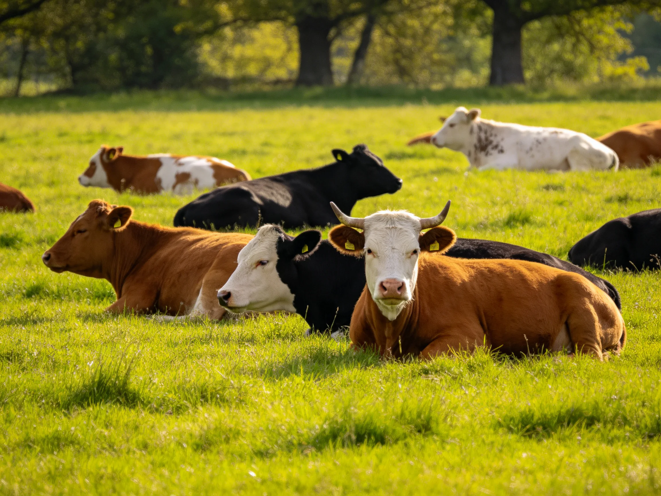 A group of colorful cows rests in a sun-dappled green pasture