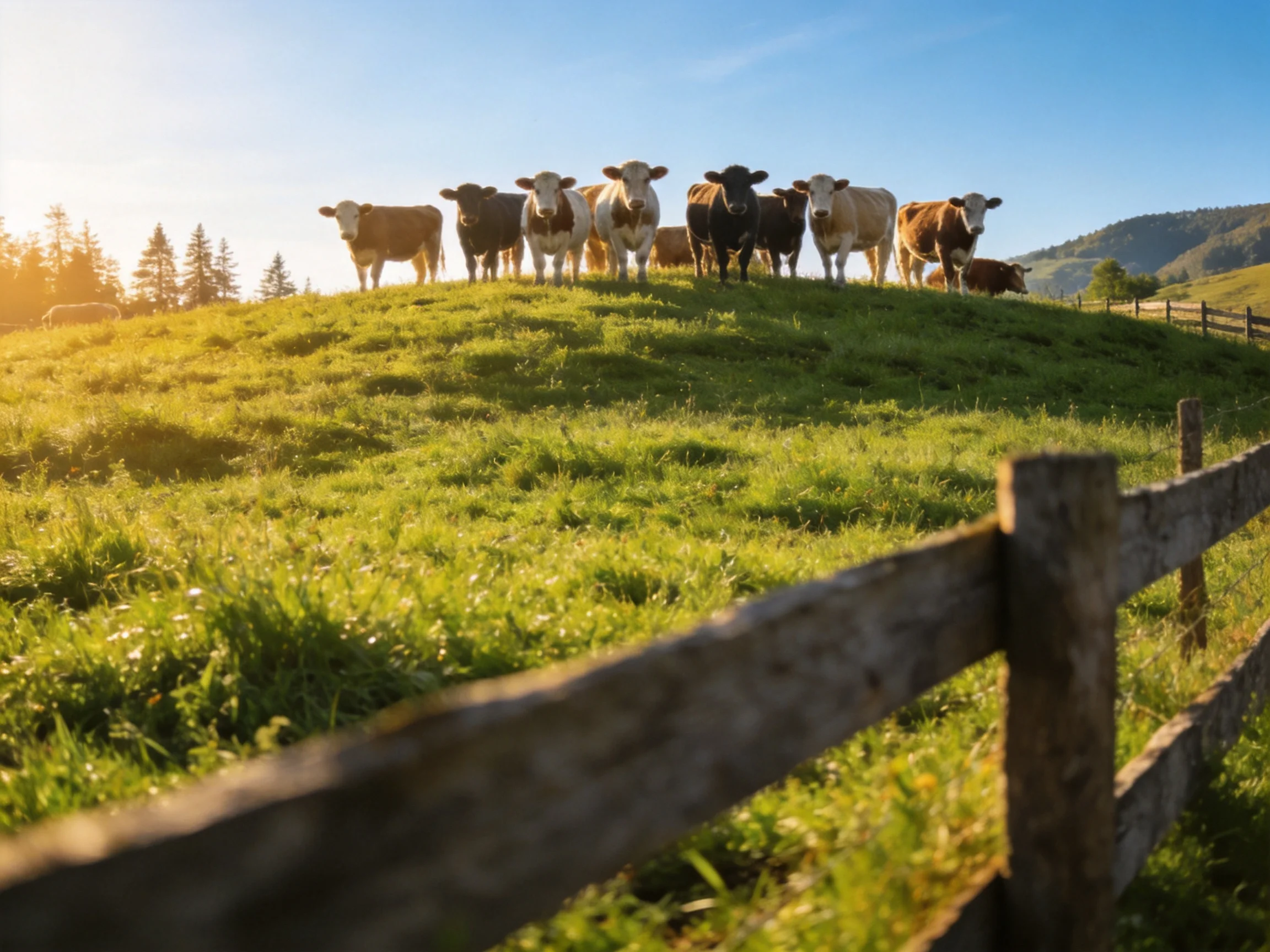 A group of cows gathers on a green hilltop beside a wooden fence