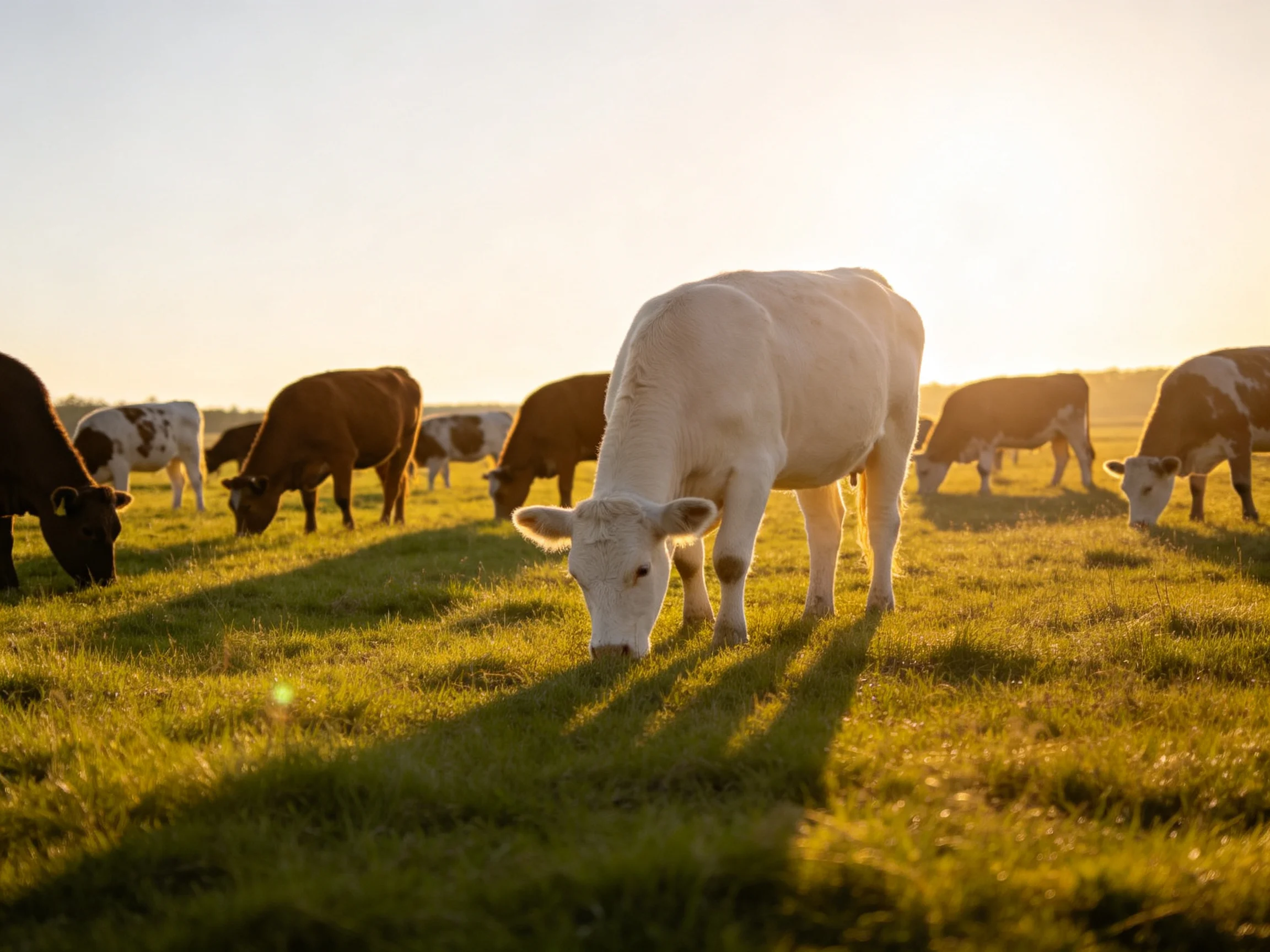 A group of cows grazing in a golden-lit pasture with varied cow colors