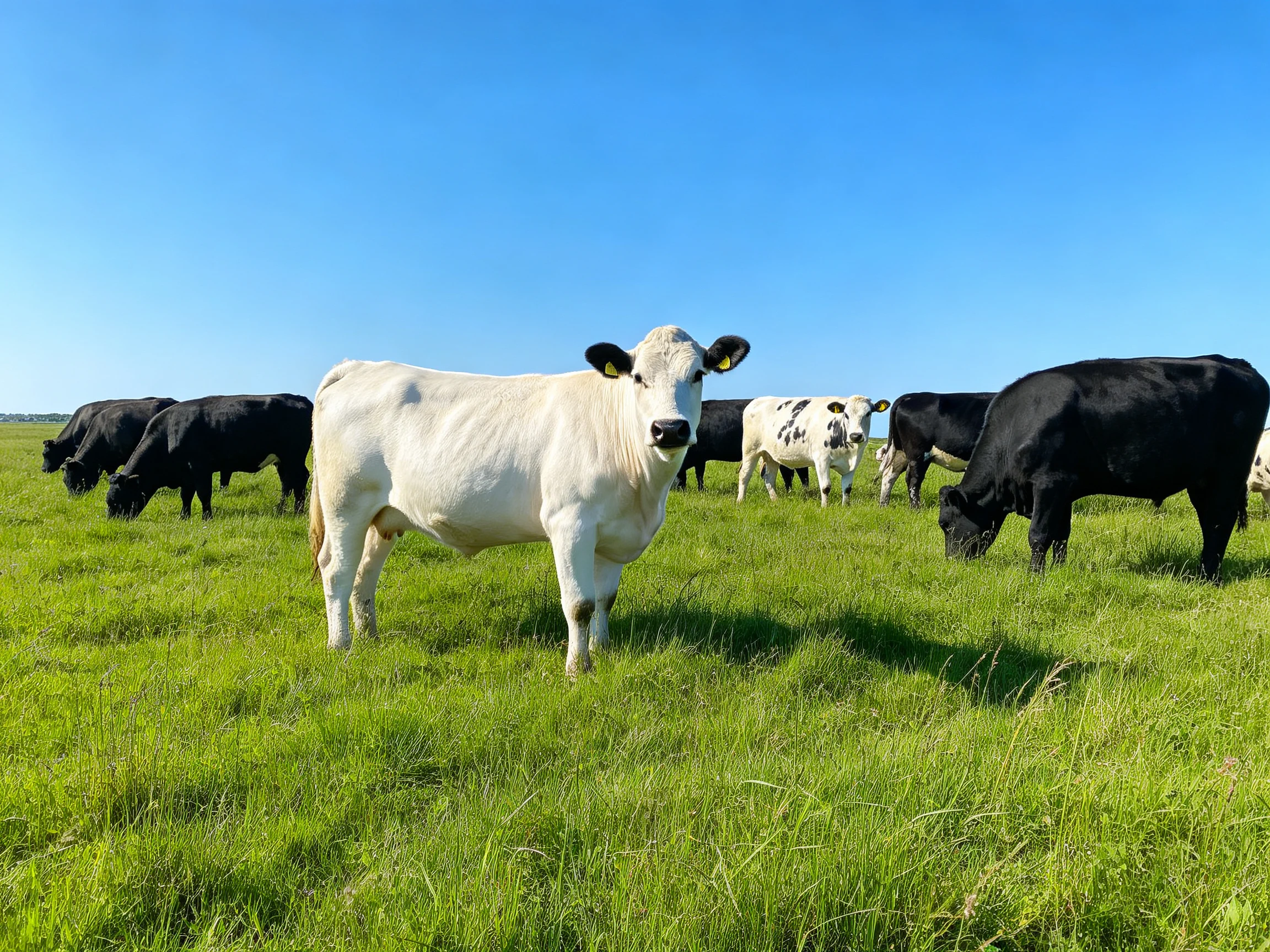 A group of cows grazing in a lush green pasture under clear blue sky