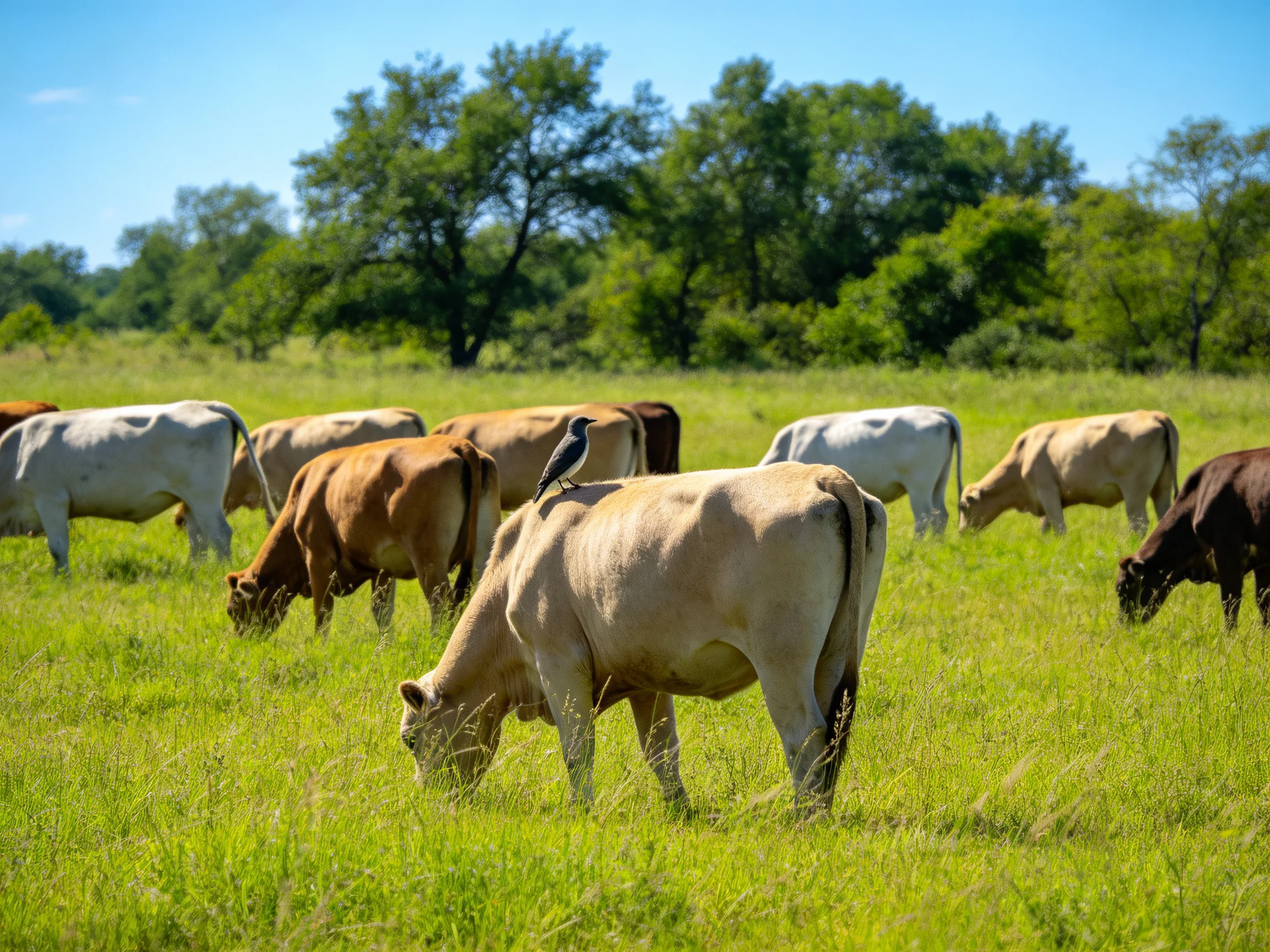 A group of cows grazing in a lush green pasture with trees