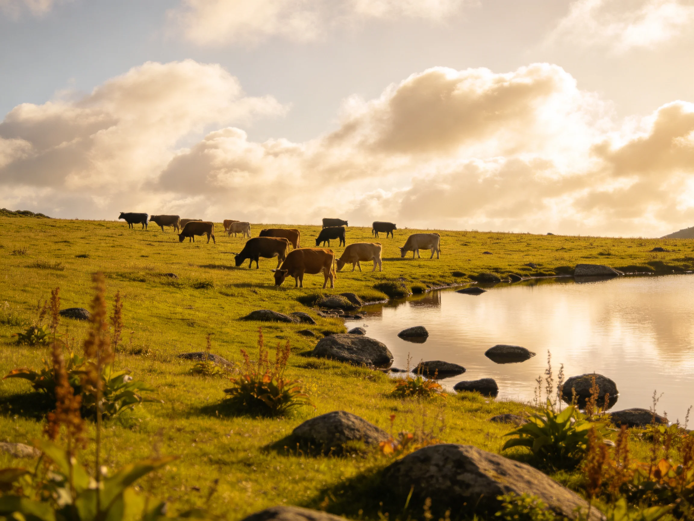 A group of cows grazing near a calm pond under golden clouds