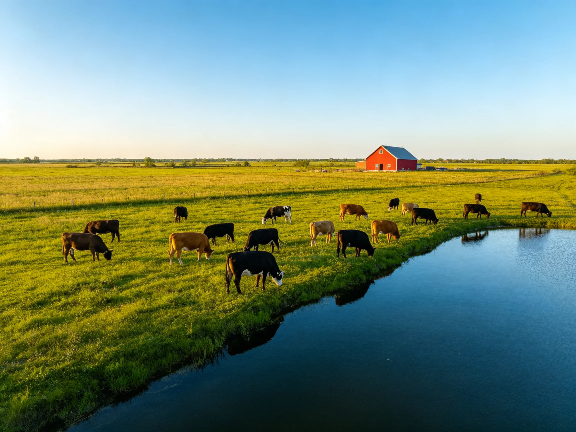 Cows graze in a lush green pasture beside a tranquil water body with a red barn nearby.